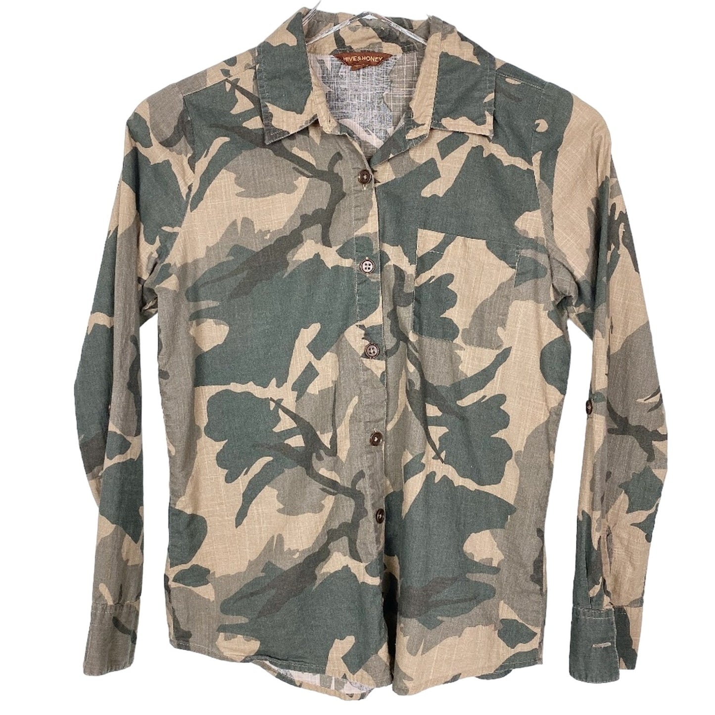 Hive & Honey green camouflage button down SHIRT top size XS extra small camo