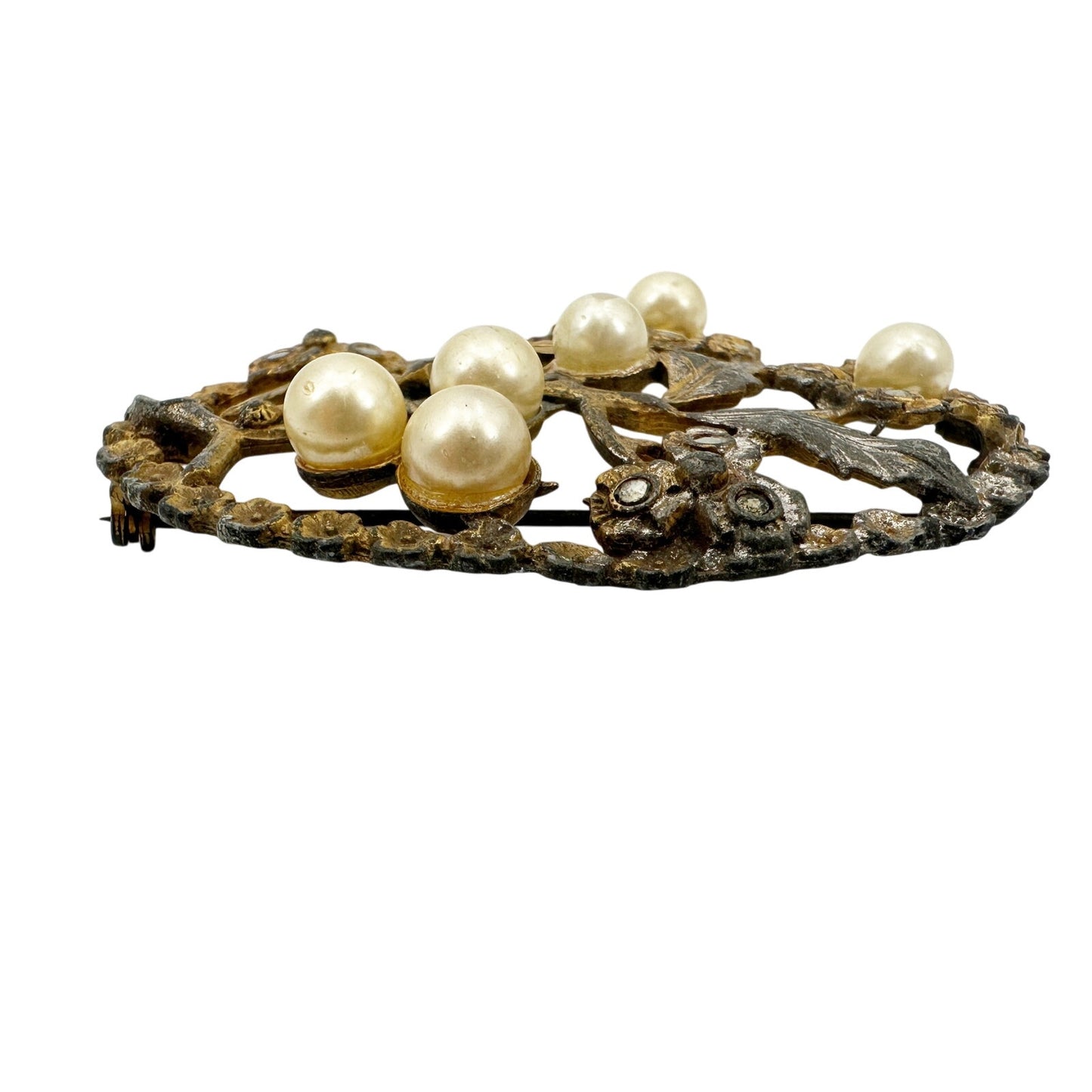 vintage gold metal faux pearls & rhinestones flower BROOCH floral jewelry pin