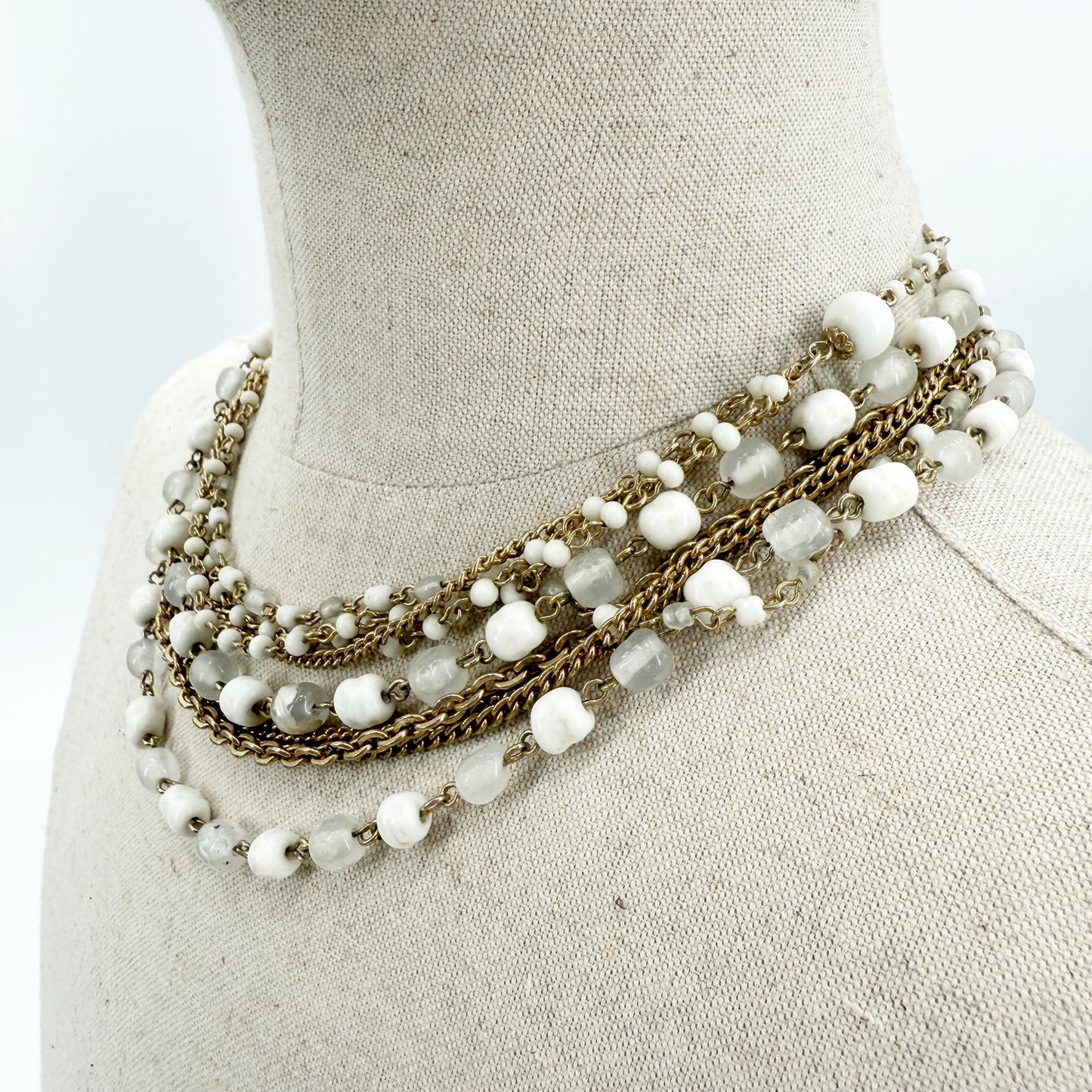 vintage multi-strand white beads & gold chain Choker Necklace costume jewelry