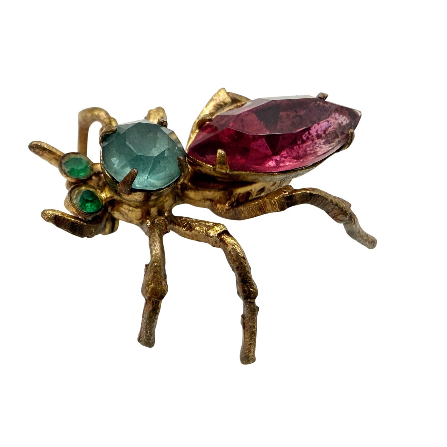 vintage antique gold metal Bug BROOCH insect jewelry pin pink blue rhinestones