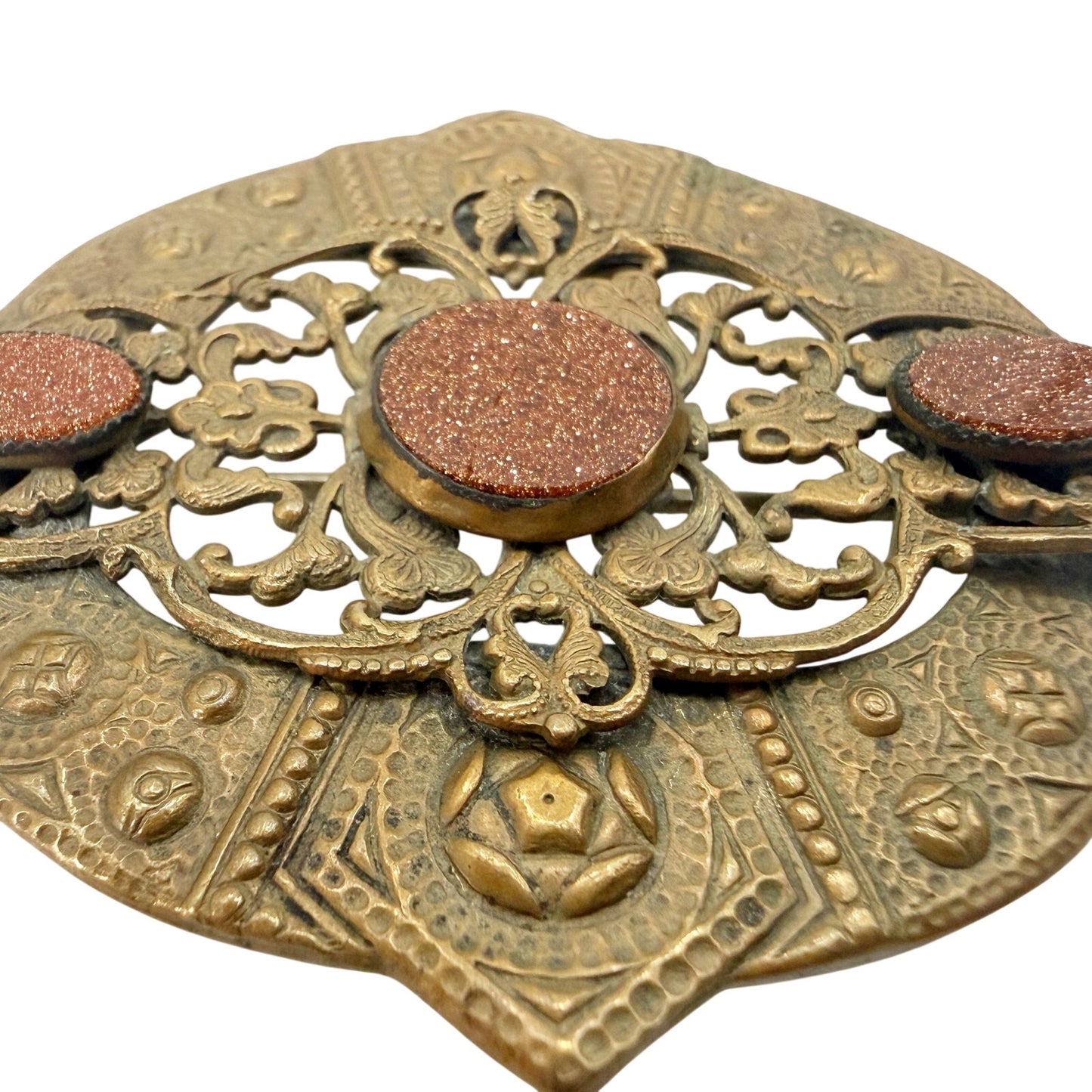 vintage brass metal shield medallion BROOCH dark orange goldstone jewelry pin