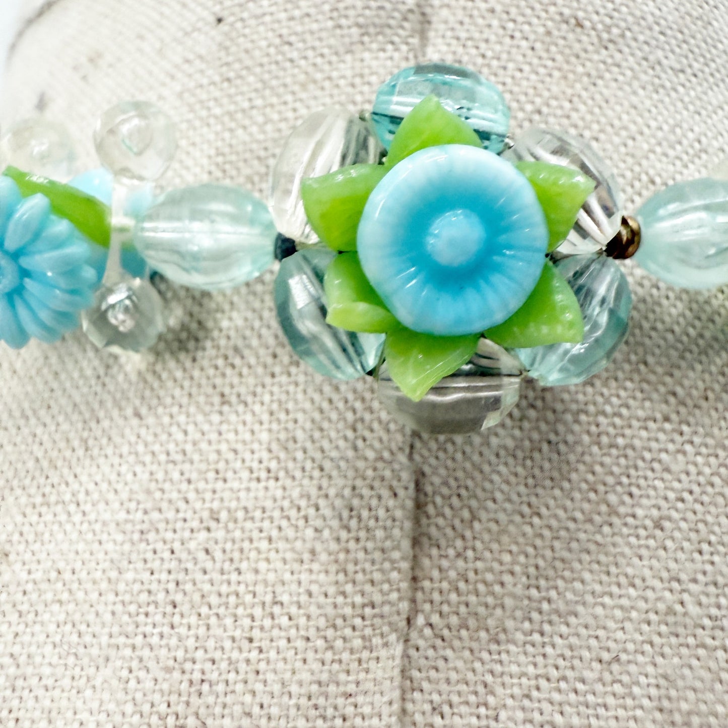 vintage West Germany beaded floral Necklace blue green clear costume jewelry