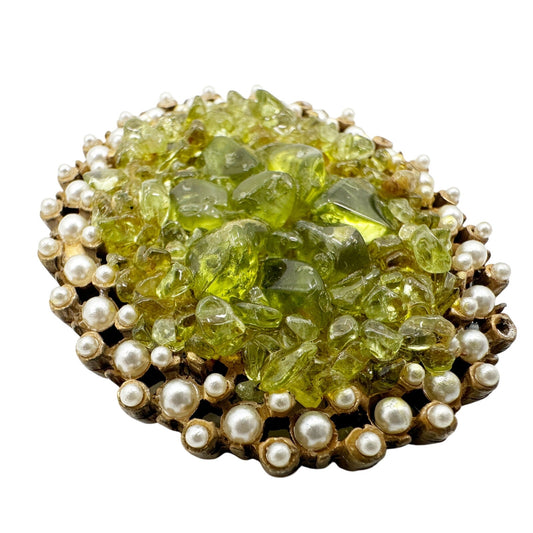 vintage faux pearls gold green stones BROOCH floral jewelry pin