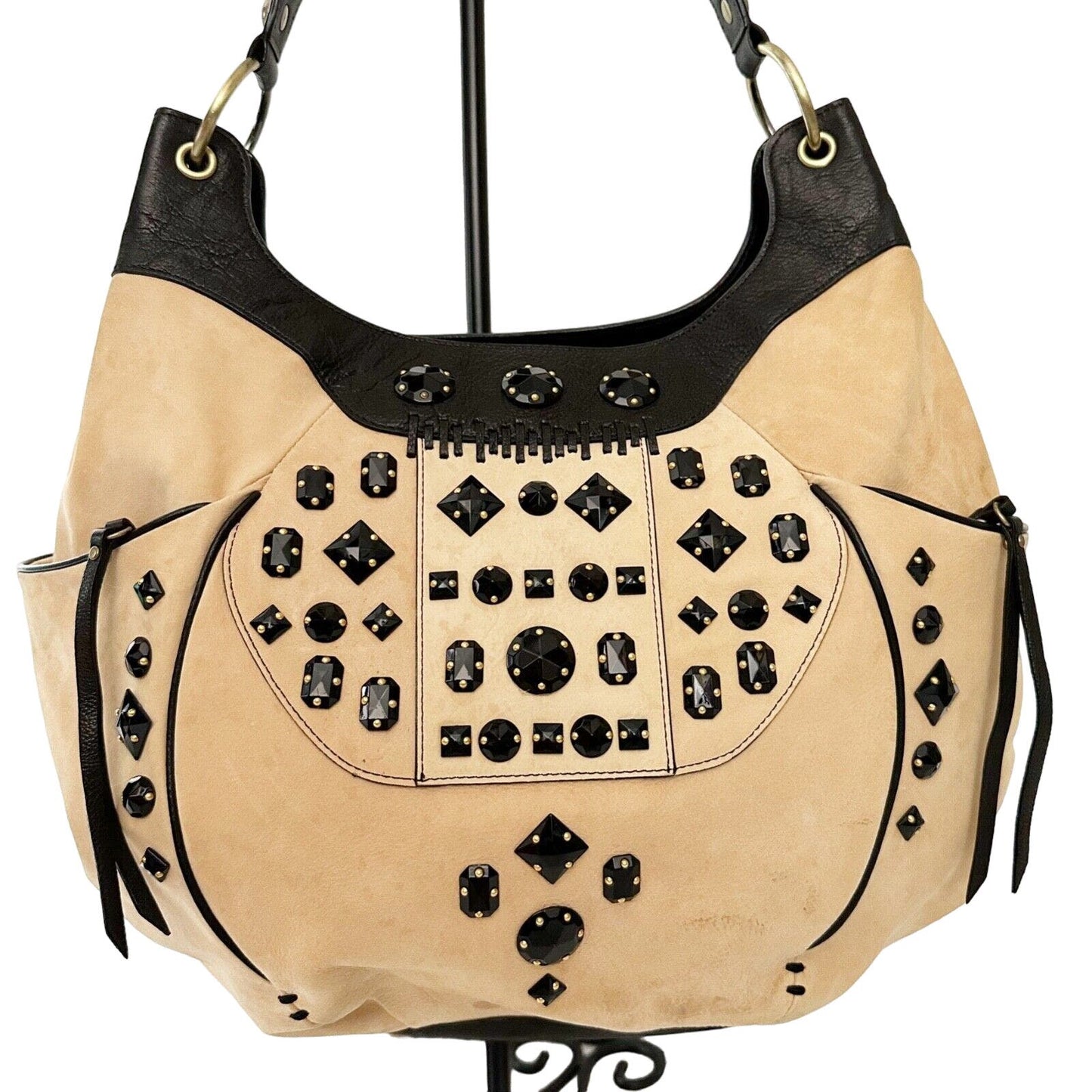 Tre Vero black & beige leather opaque beaded HANDBAG shoulder purse bag