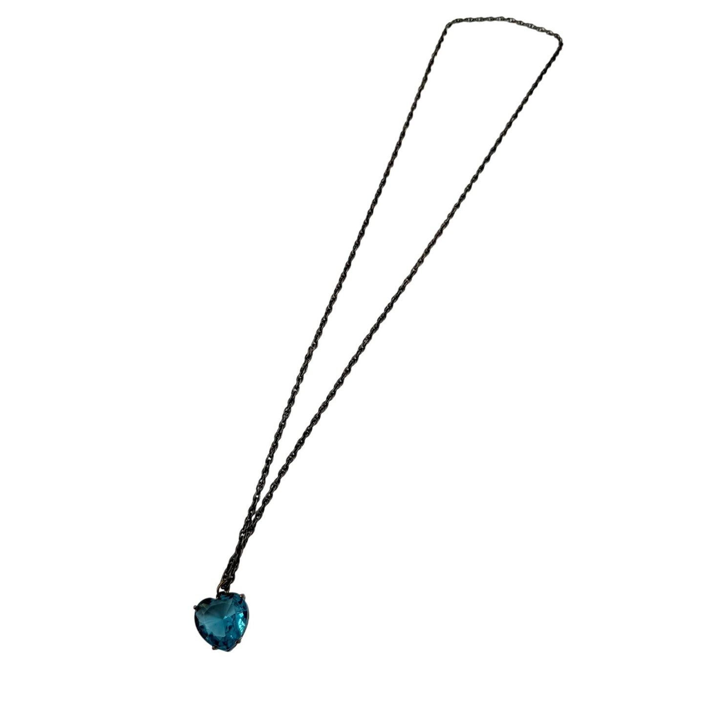 vintage dark metal chain link Necklace blue Heart Rhinestone Pendant jewelry