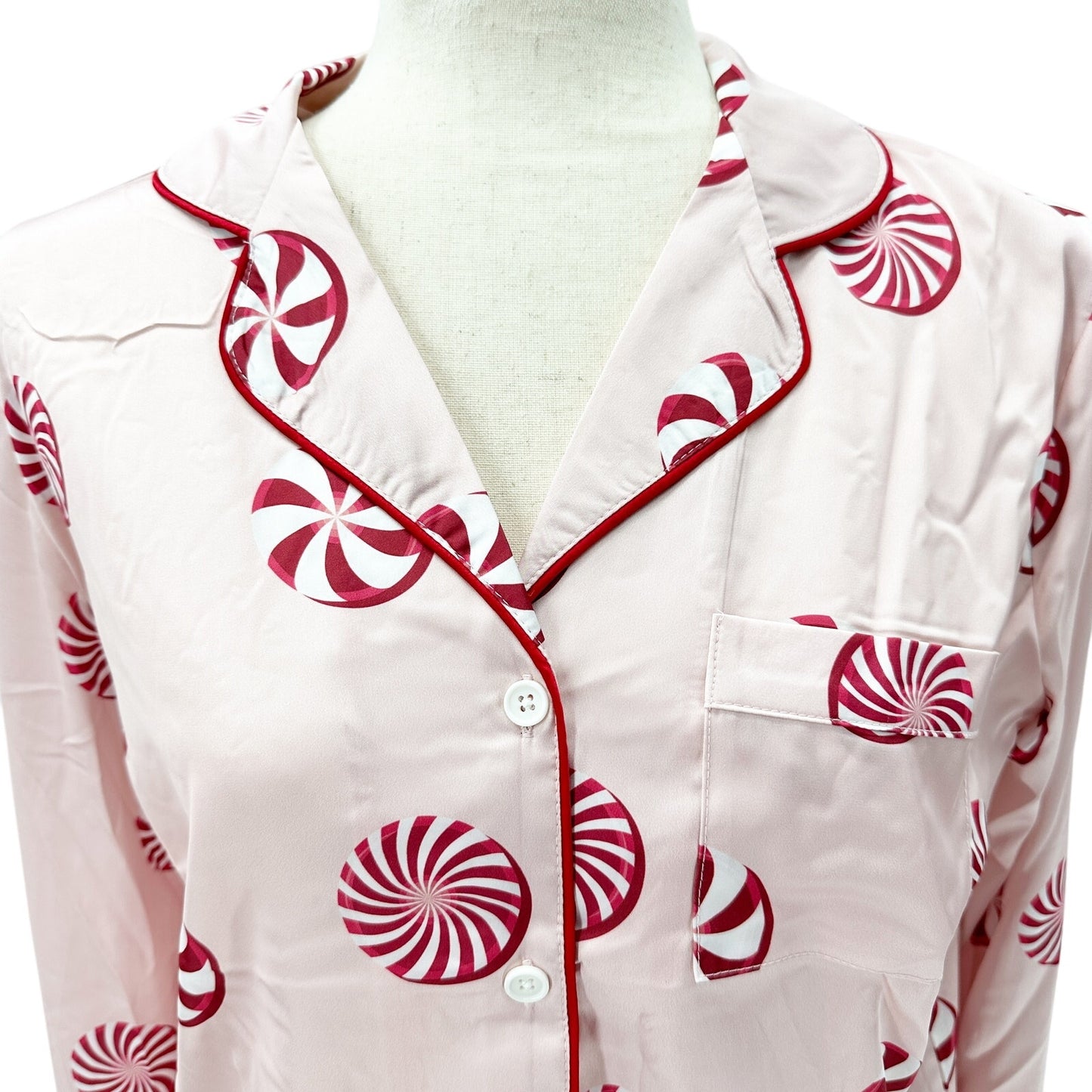 pink peppermint satin pajamas | shorts & long sleeve top | S, M, L