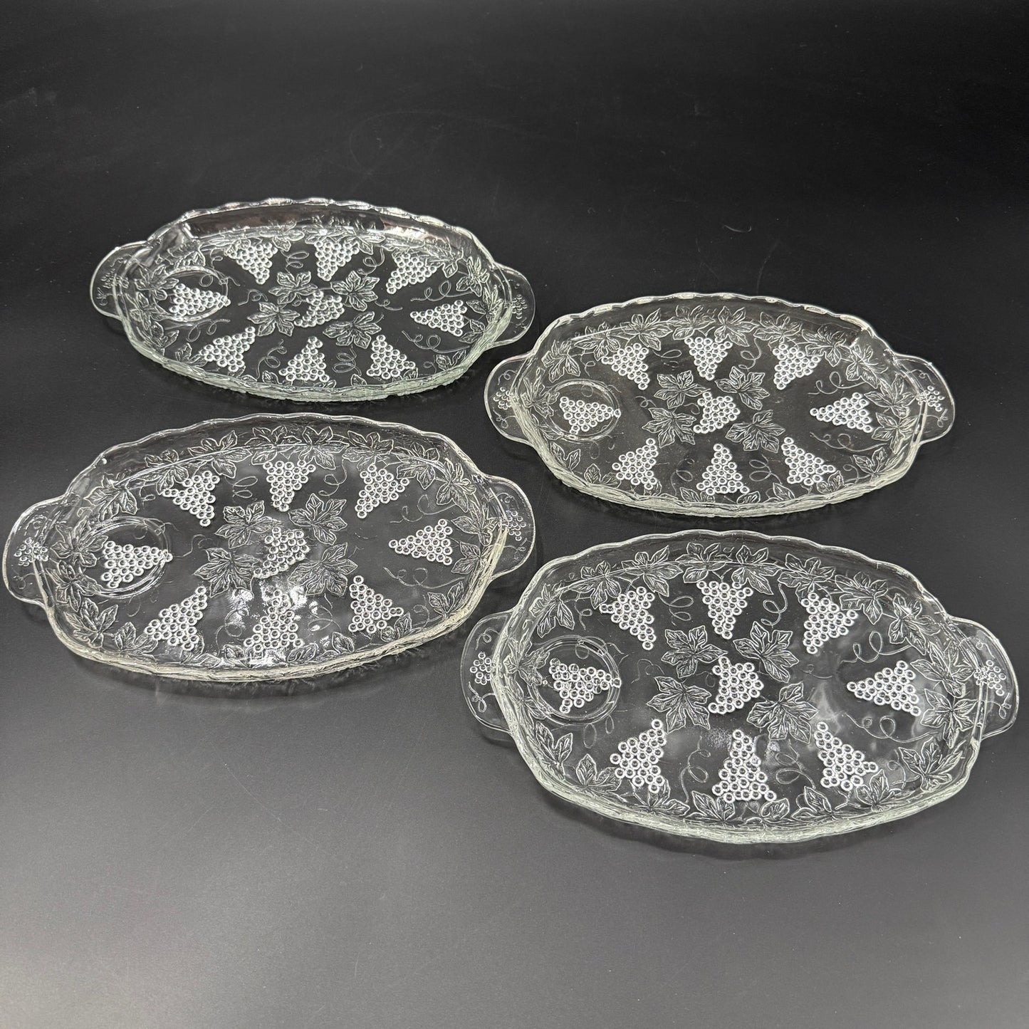 set of 4 vintage Anchor Hocking Vintage Clear Snack Plates grape clusters leaves