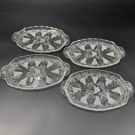 set of 4 vintage Anchor Hocking Vintage Clear Snack Plates grape clusters leaves