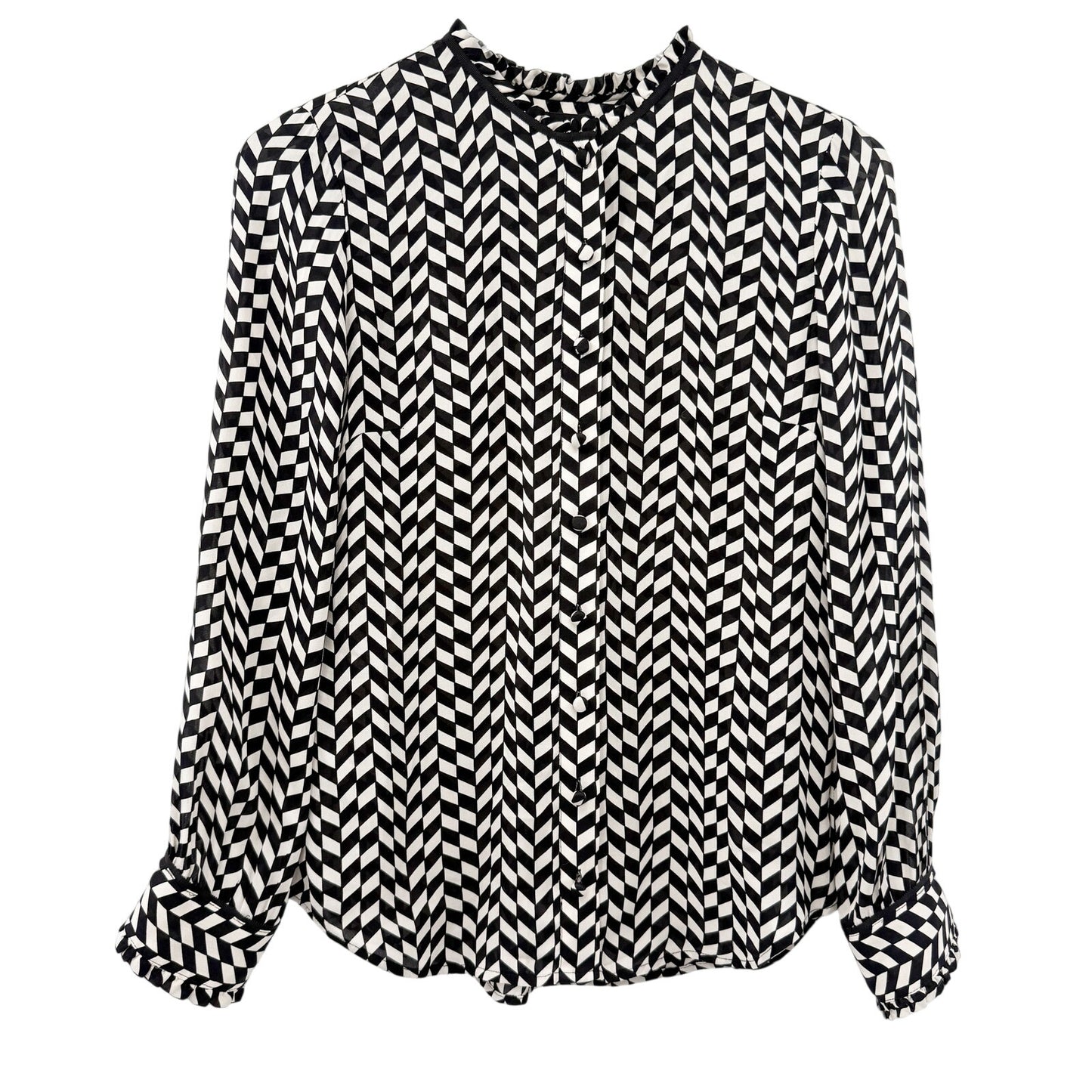 J.Crew black & white silk Button-Up Blouse womens 2 top XS geometric houndstooth