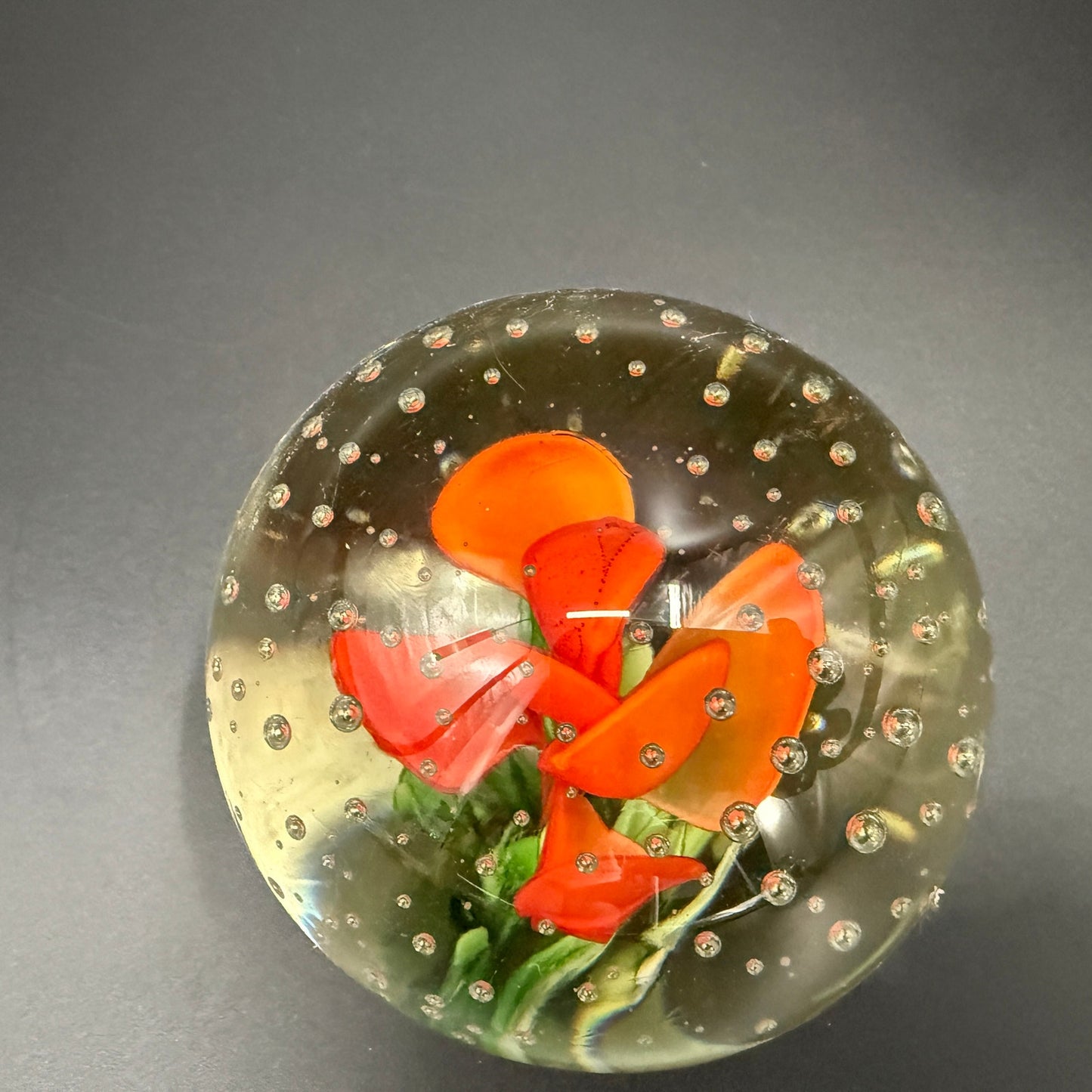3" orange floral Paperweight | vintage art glass