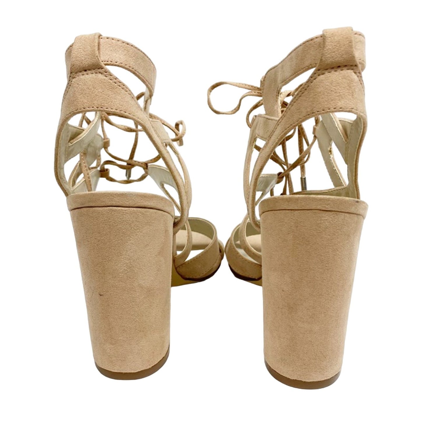David's Bridal nude Faux Suede Lace-Up Sandals APARIS1 shoes block heels size 9
