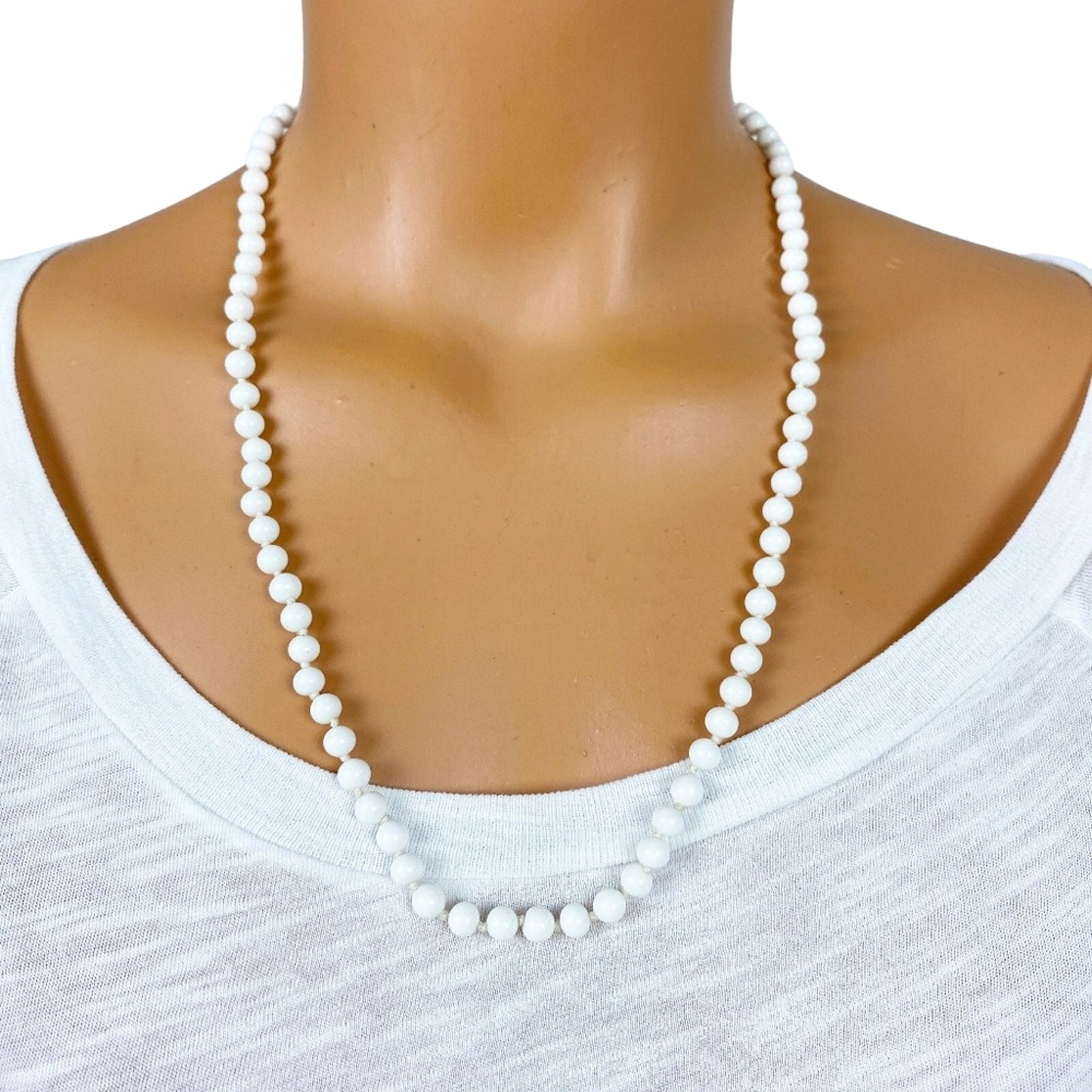 vintage LES BERNARD hand-knotted 23" milky white bead NECKLACE costume jewelry
