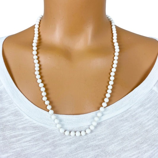 vintage LES BERNARD hand-knotted 23" milky white bead NECKLACE costume jewelry