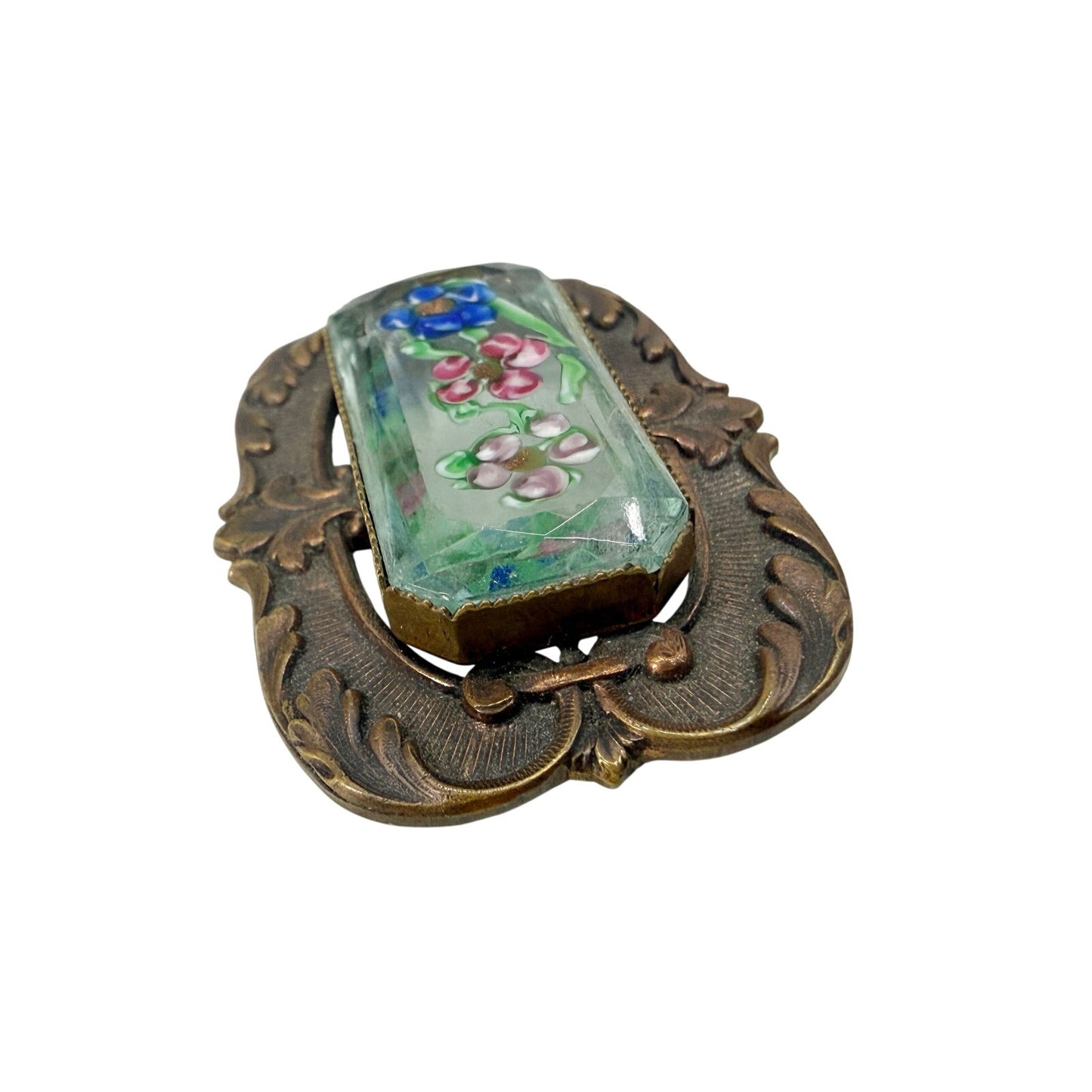 vintage Pididdly Links Flowers in Glass prism metal BROOCH floral jewelry pin