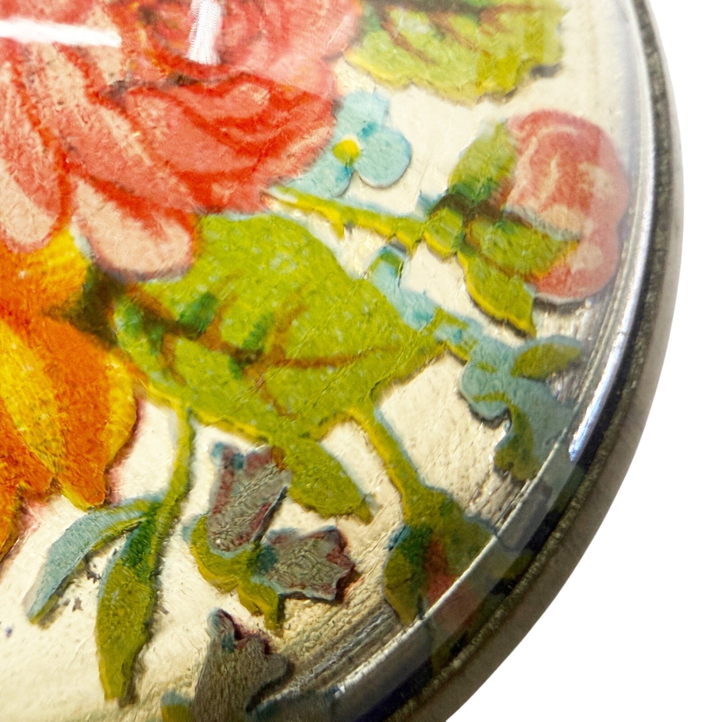 vintage Floral glass dome round metal BROOCH floral jewelry pin roses zinnias