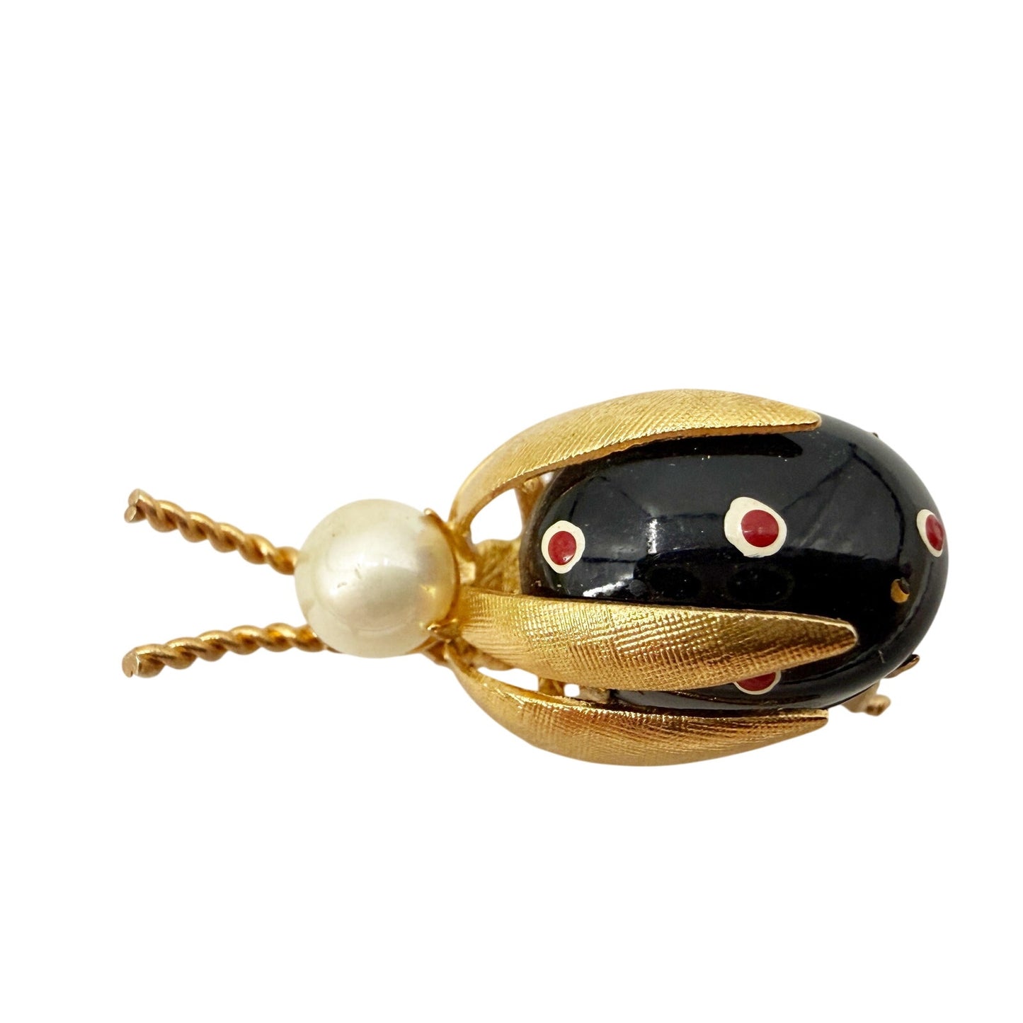 vintage black red & gold Beetle Bug BROOCH insect jewelry pin faux pearl