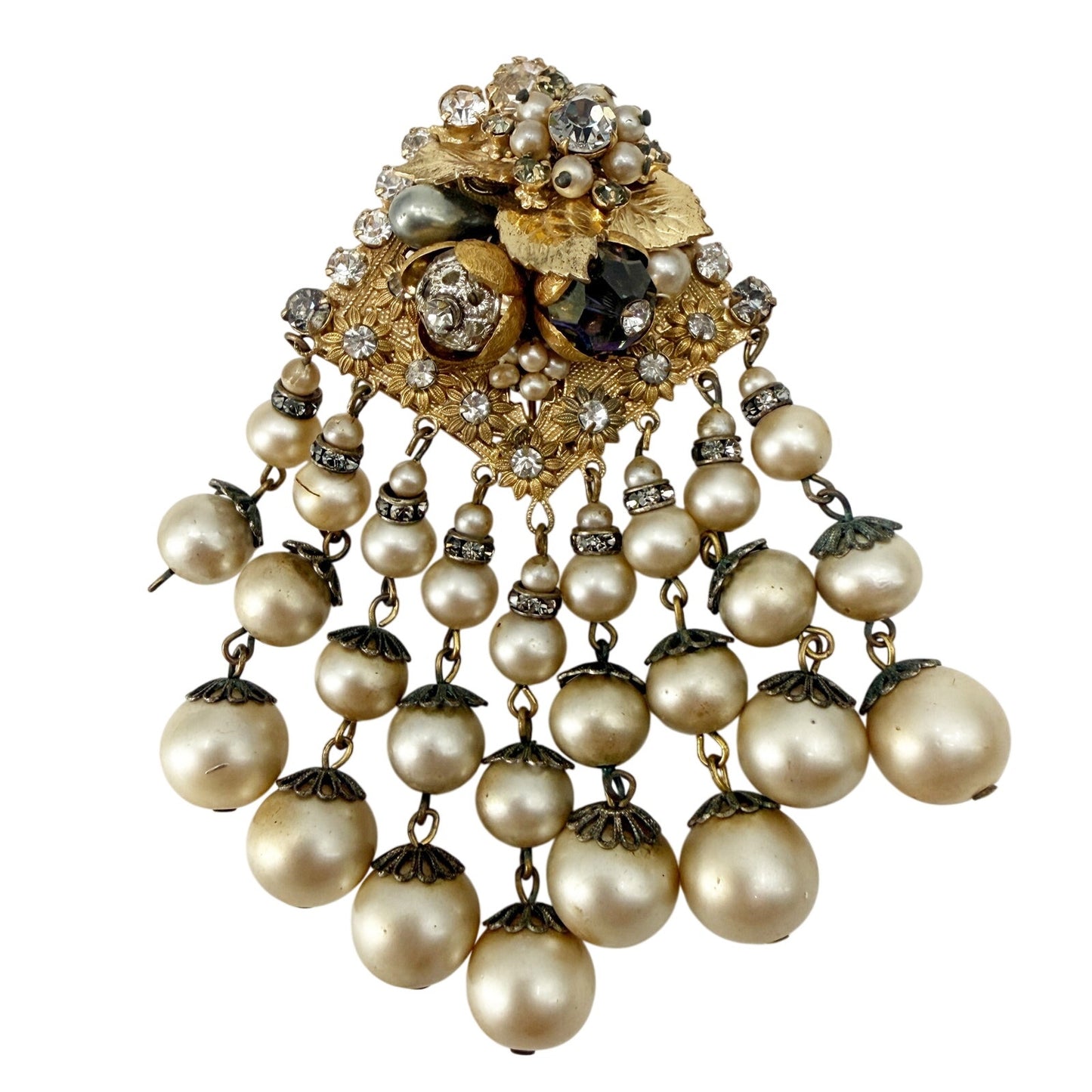 vintage Eugene gold & cascading faux pearls BROOCH floral costume jewelry pin