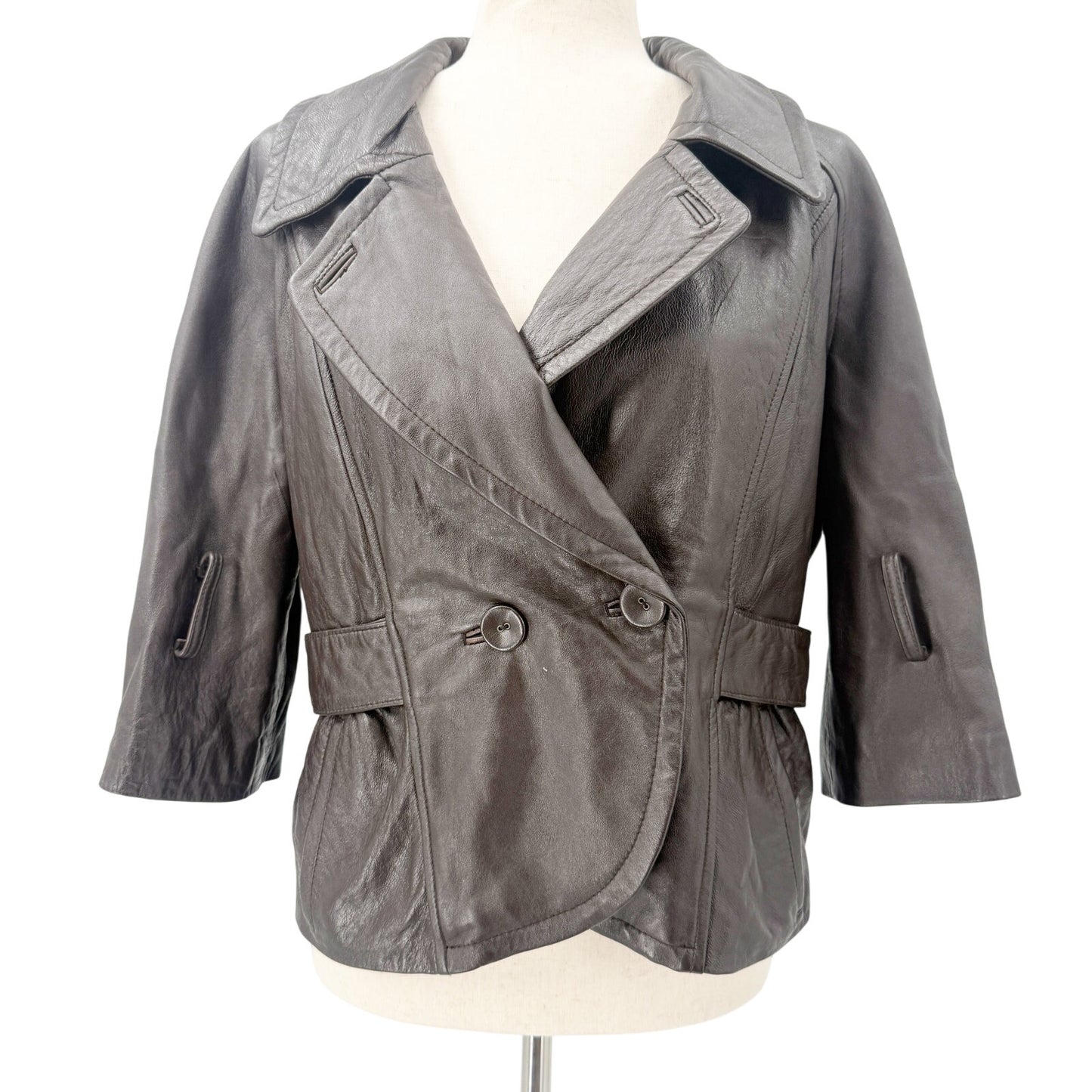 Avanti New York brown leather short Jacket women's MEDIUM fitted 3/4 sleeves