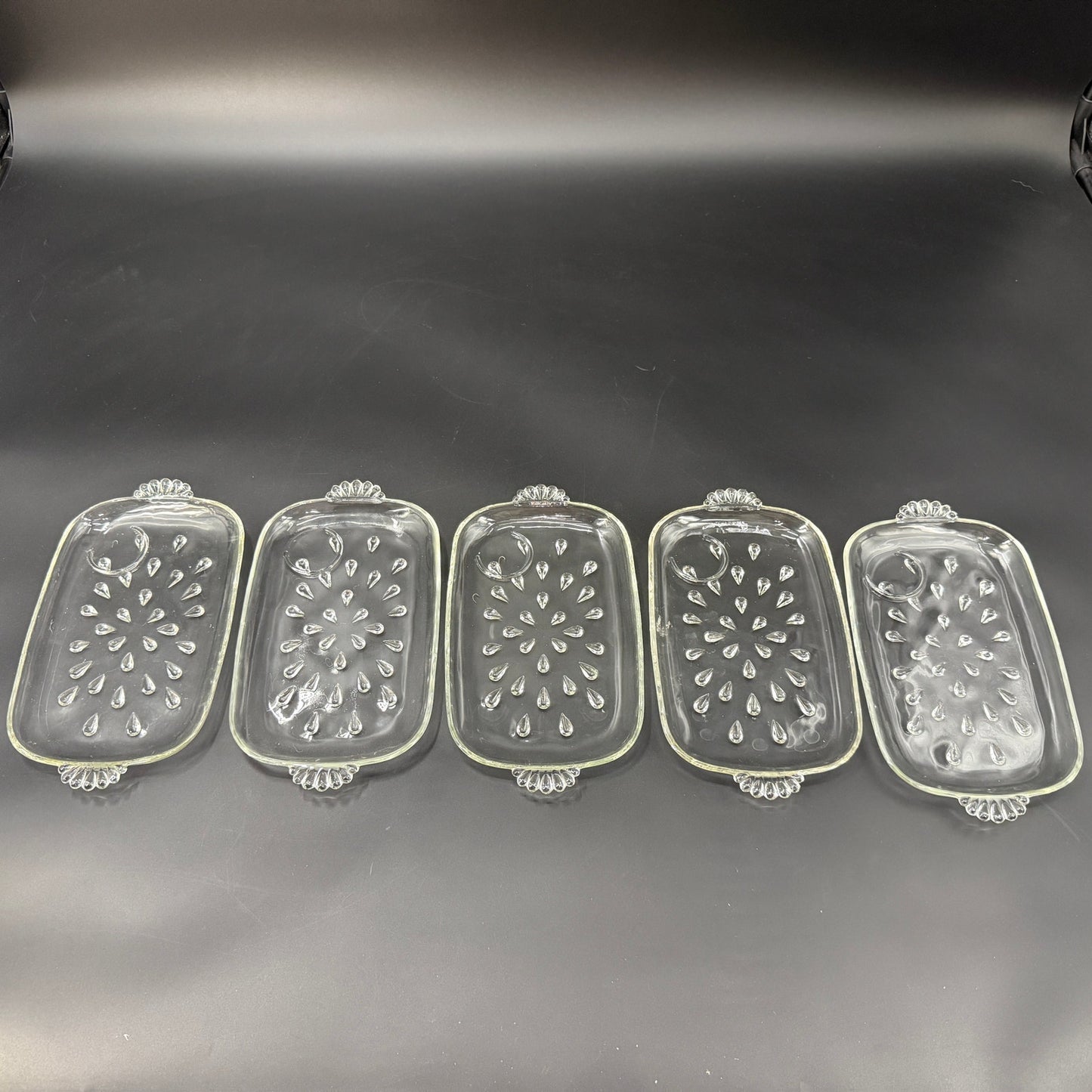 set of 5 vintage Hazel-Atlas Informal clear teardrop Snack Plates glassware