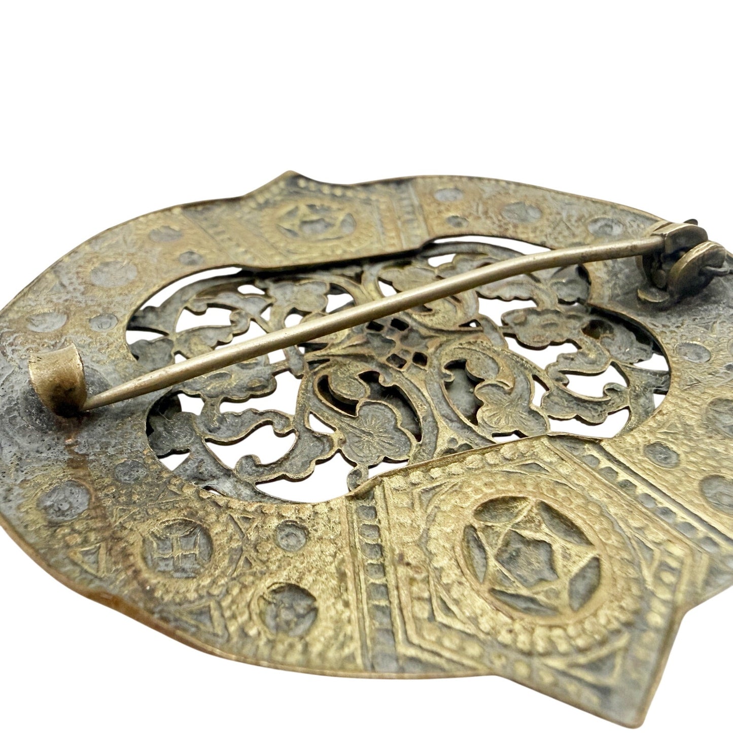 vintage brass metal shield medallion BROOCH dark orange goldstone jewelry pin