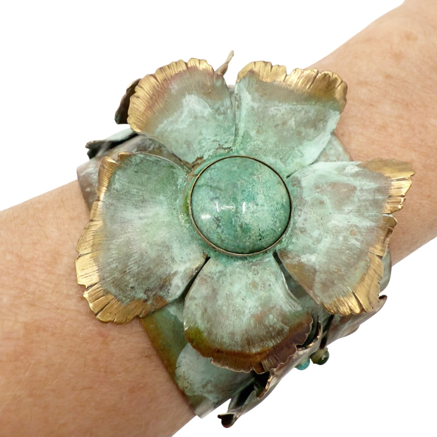 Verdigris Patina solid brass floral wide 2" Cuff Bracelet genuine stones jewelry