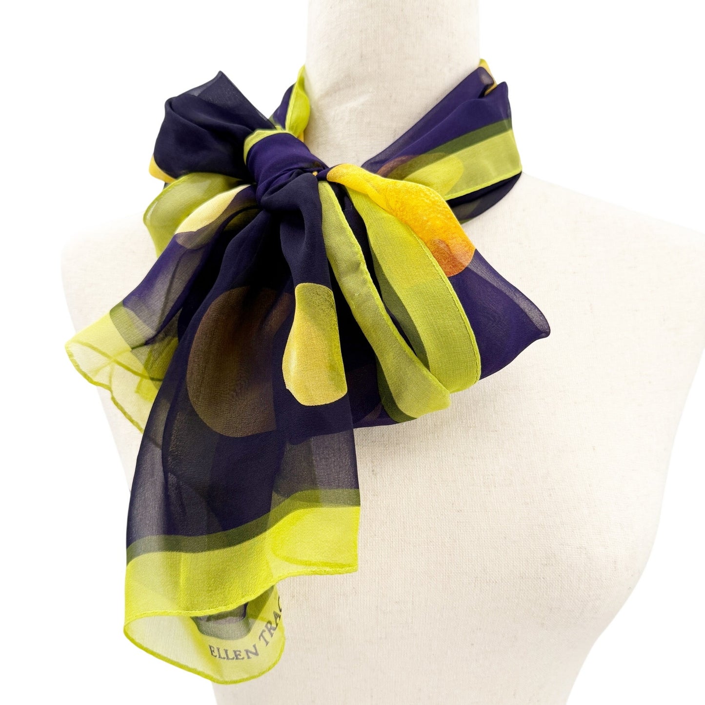Ellen Tracy dark purple lime green sheer Scarf orange lemons limes 100% silk NEW