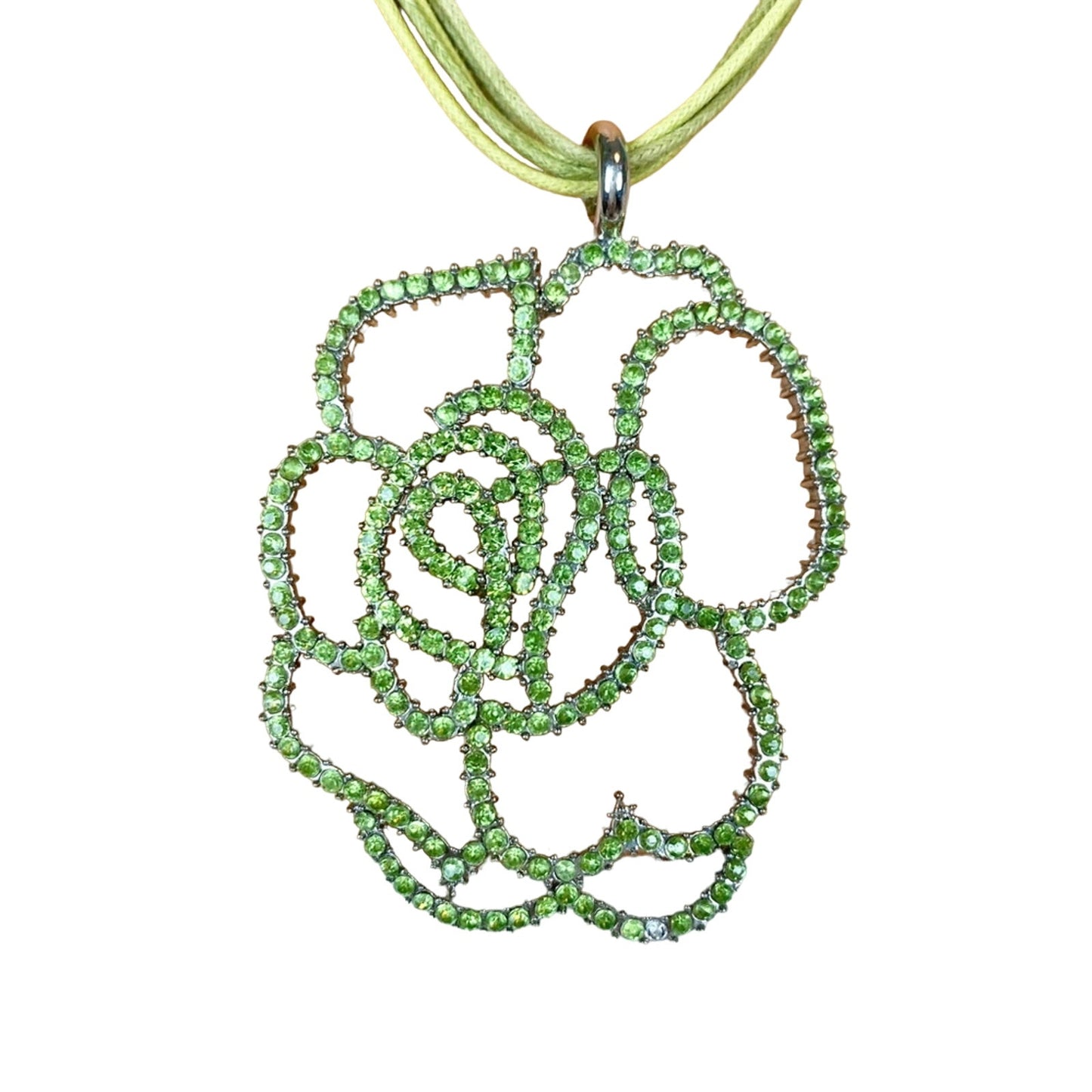 VCLM green rhinestone flower pendant 14" rope strand NECKLACE costume jewelry