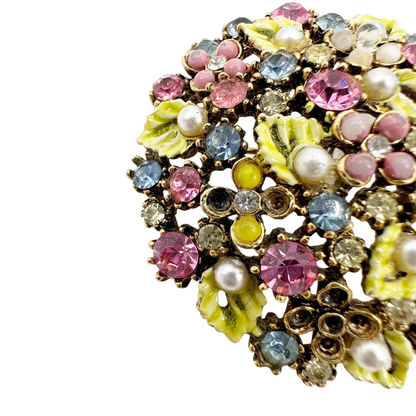 vintage Mode-Art pink yellow blue statement BROOCH rhinestones round jewelry pin