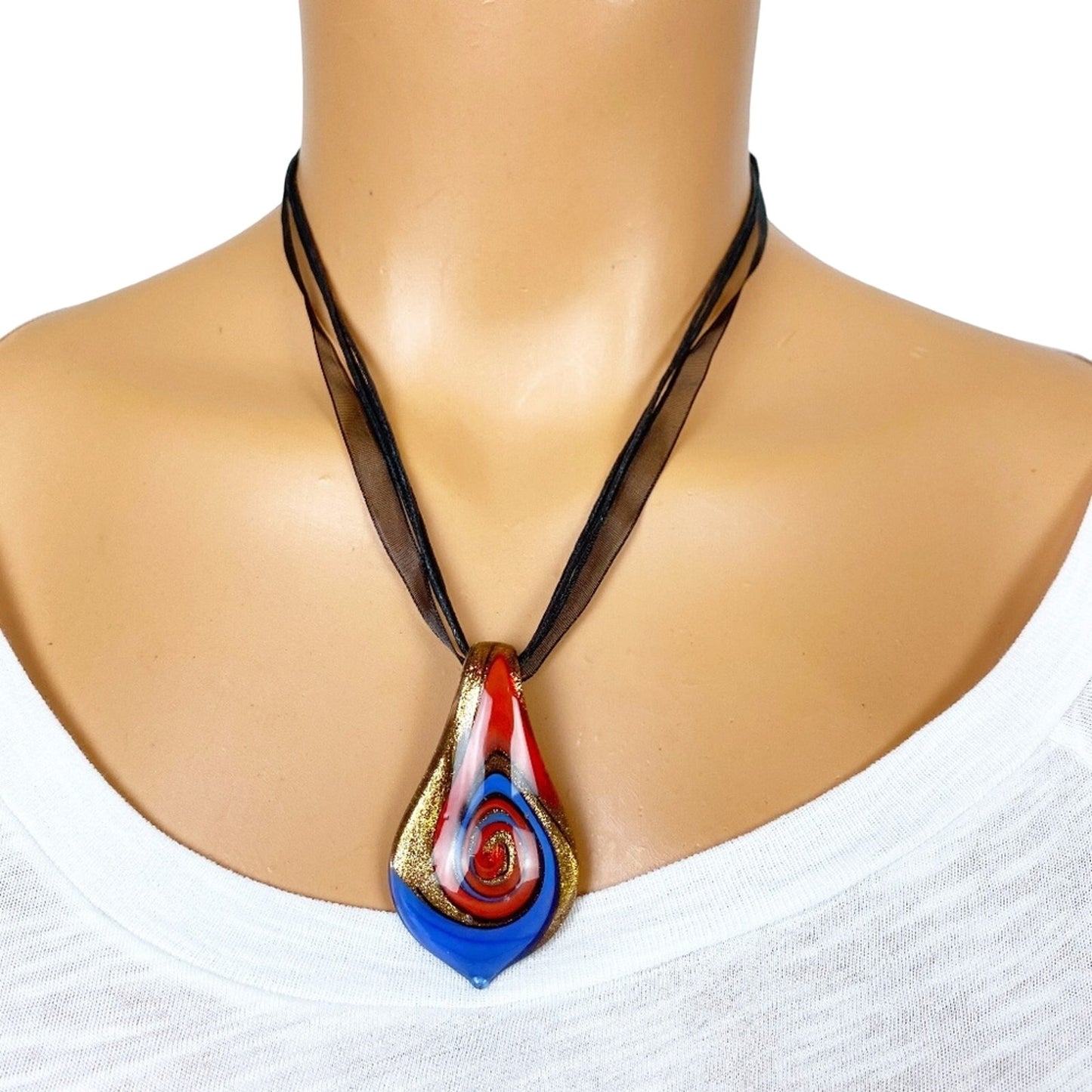 red blue & gold abstract ART black pendant NECKLACE costume jewelry 17" strand