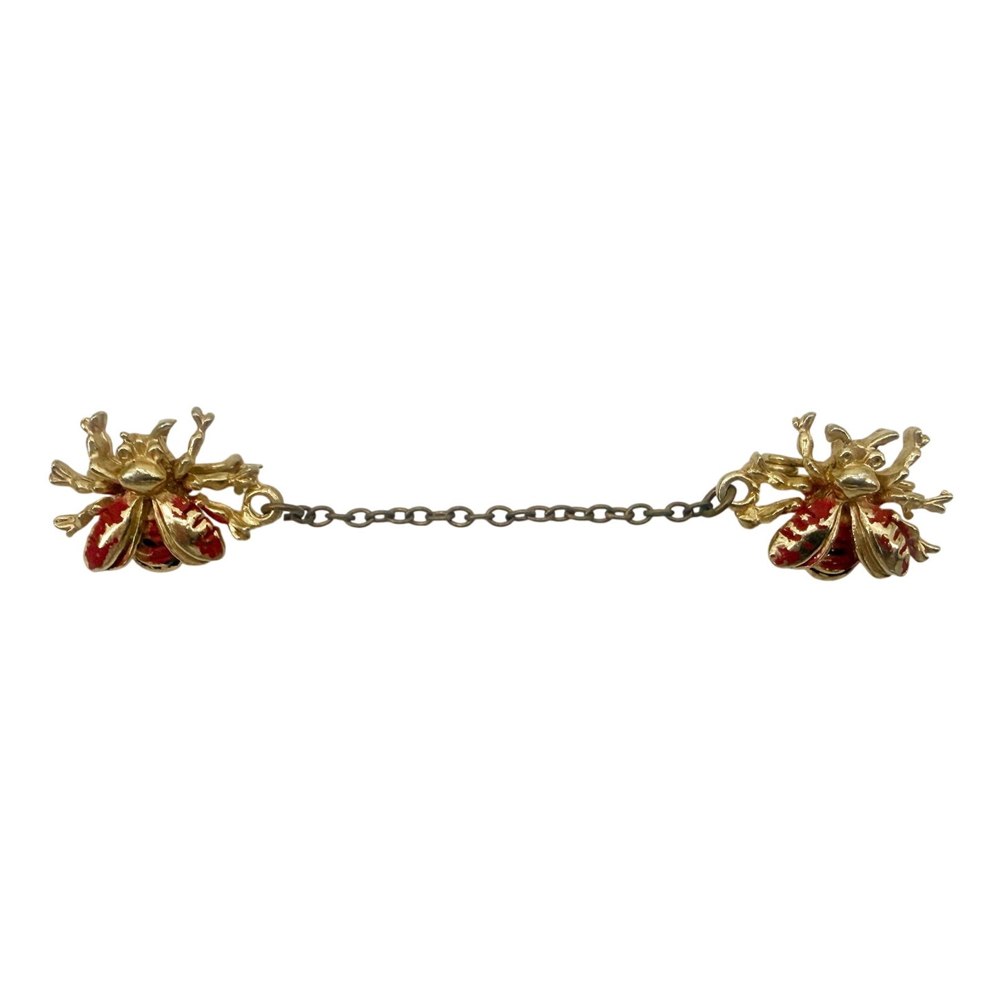 vintage pair red gold Bees bugs attached chain BROOCH insect costume jewelry pin