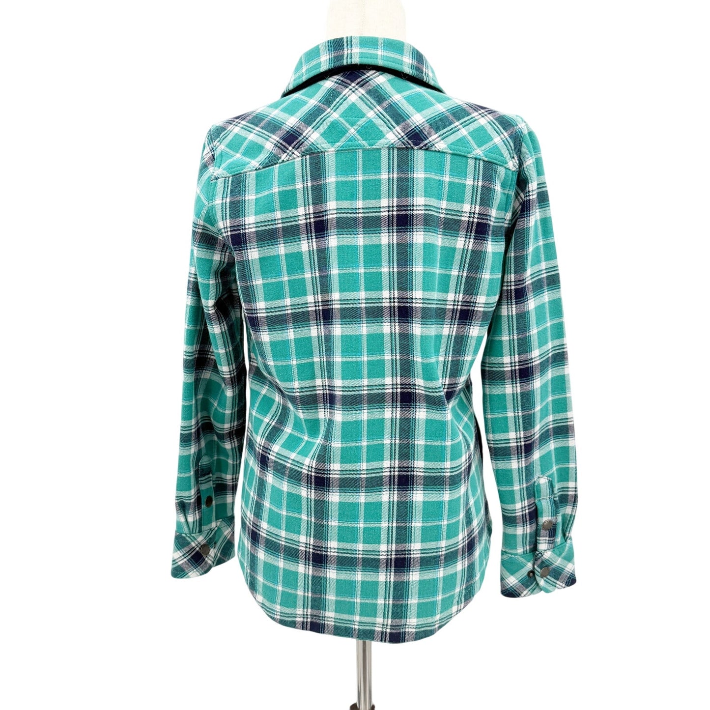 Orvis turquoise & blue plaid Flannel Lined Shirt Jacket women's SMALL snap front