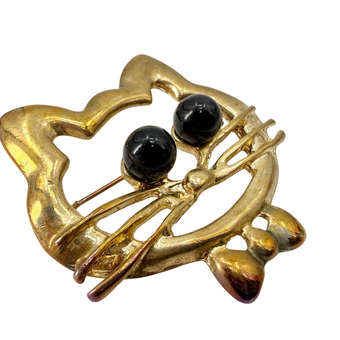 vintage gold & black kitty cat face head BROOCH jewelry pin bow tie bead eyes