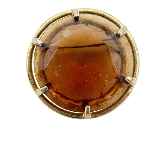 vintage gold metal & translucent brown stone BROOCH round jewelry pin