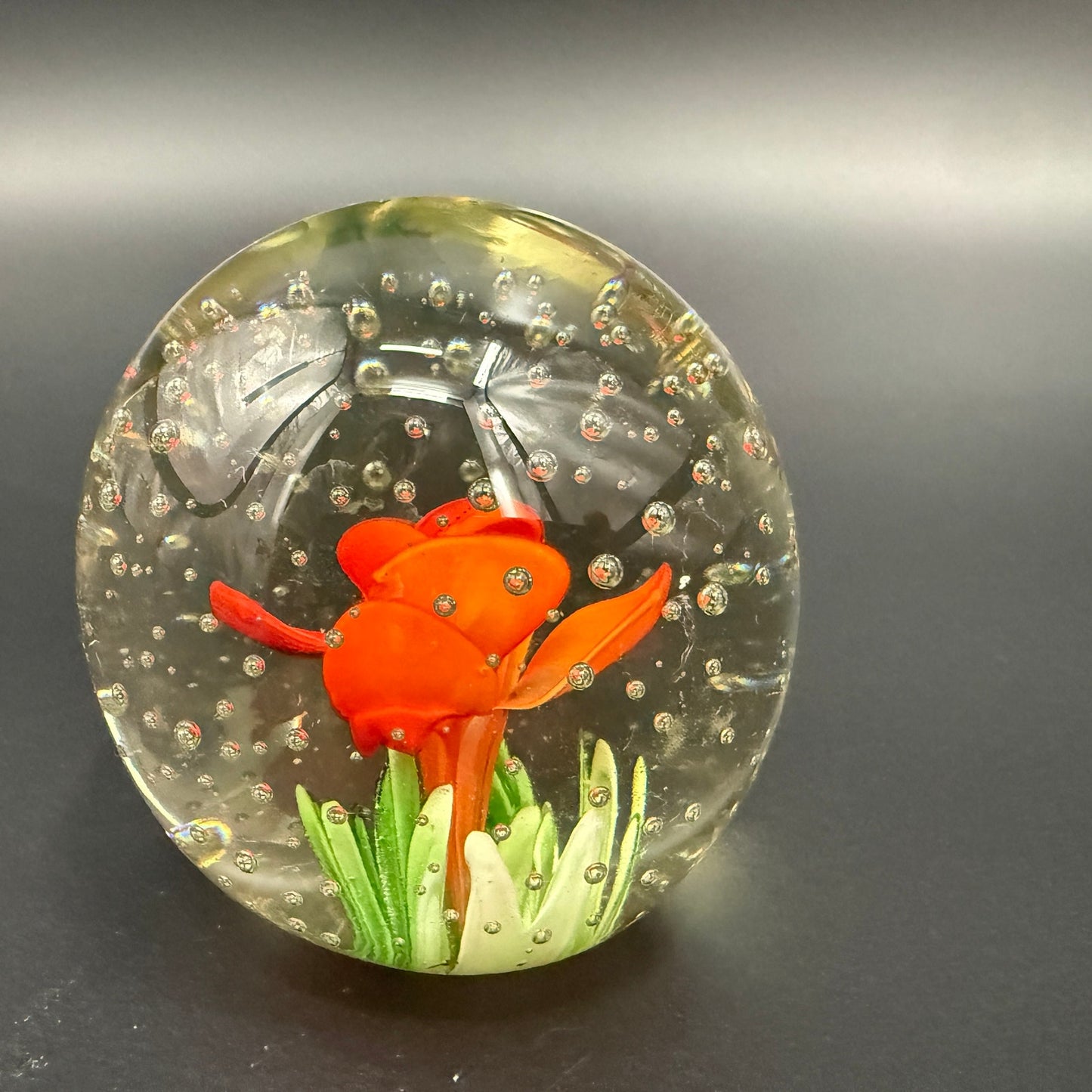 3" orange floral Paperweight | vintage art glass