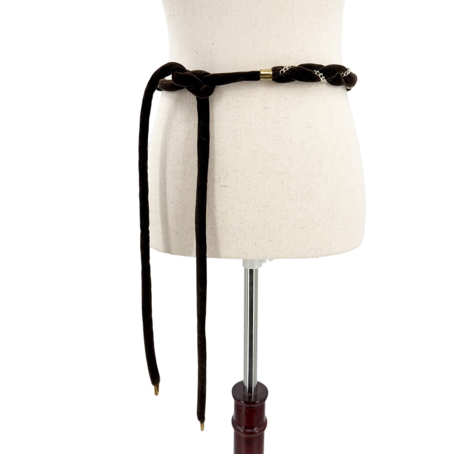 vintage braided brown velvet rope & gold chain Self Tie Belt 68" long accessory