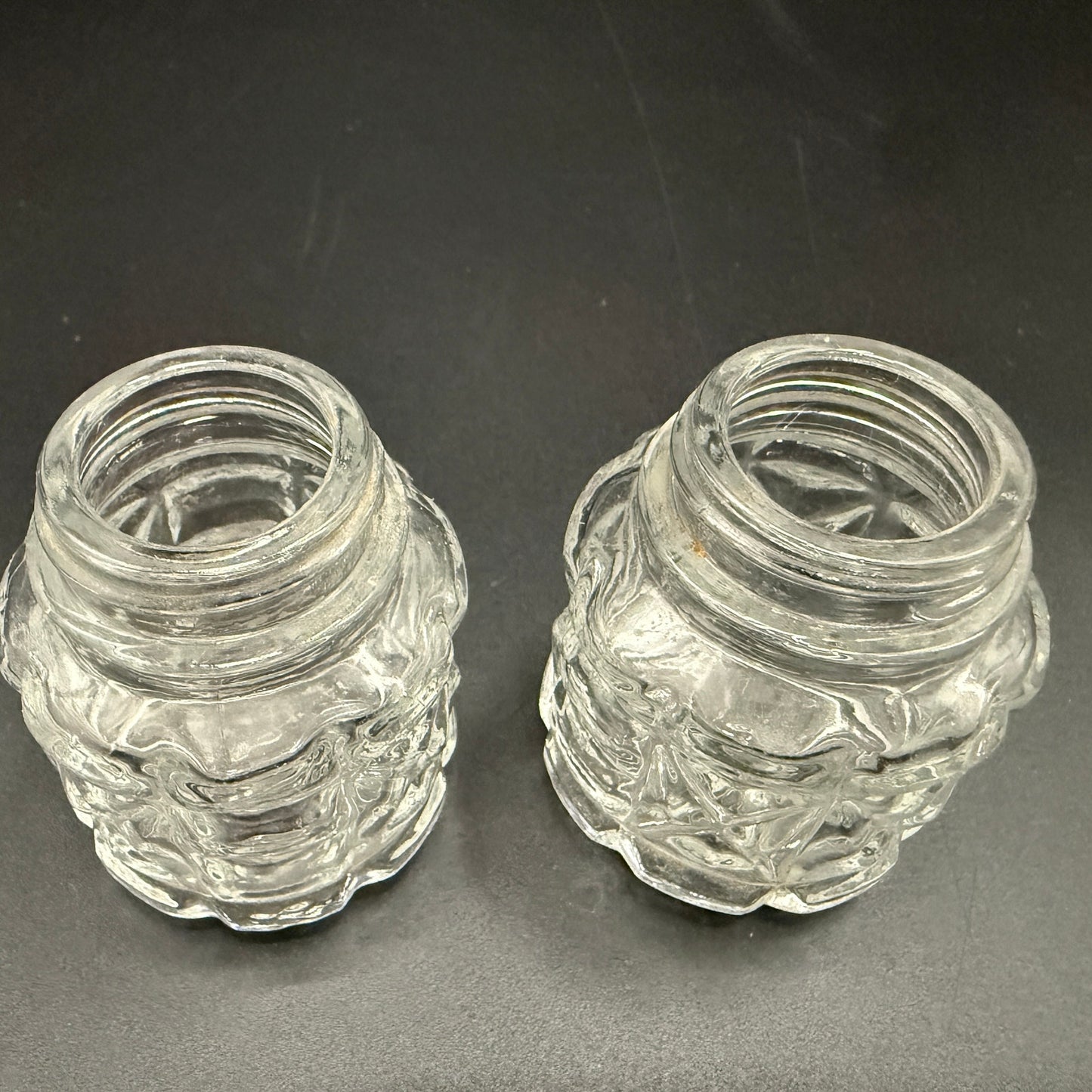 vintage clear glass 2.25" tall Salt & Pepper Shaker jars set - missing lids