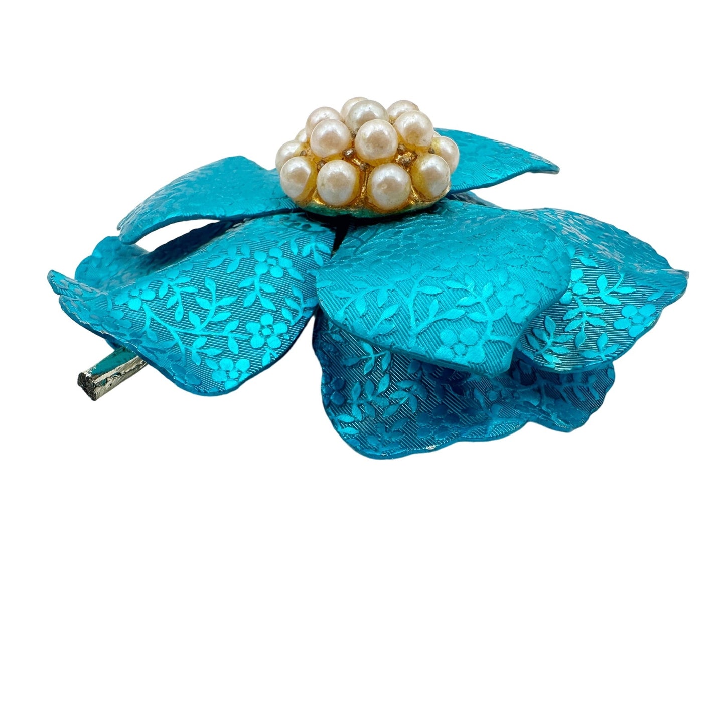 vintage metal large metallic blue flower BROOCH faux pearls floral jewelry pin