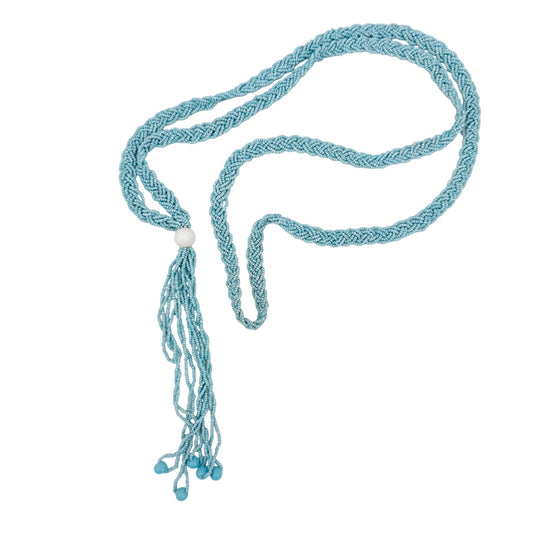 vintage Necklace of turquoise blue seed beads & tassel pendant long 28" drop