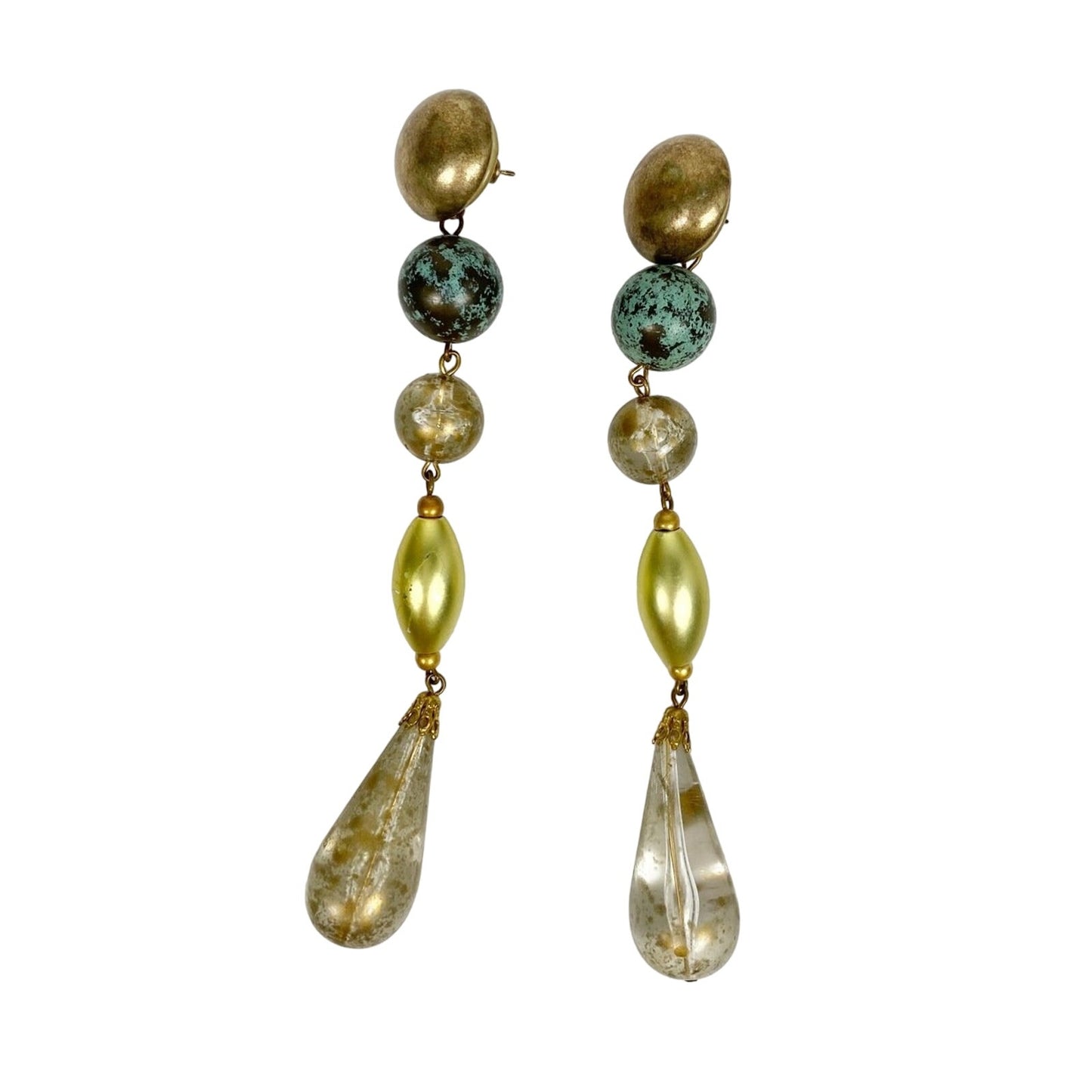 5" long dangling beaded gold clear turquoise EARRINGS costume jewelry