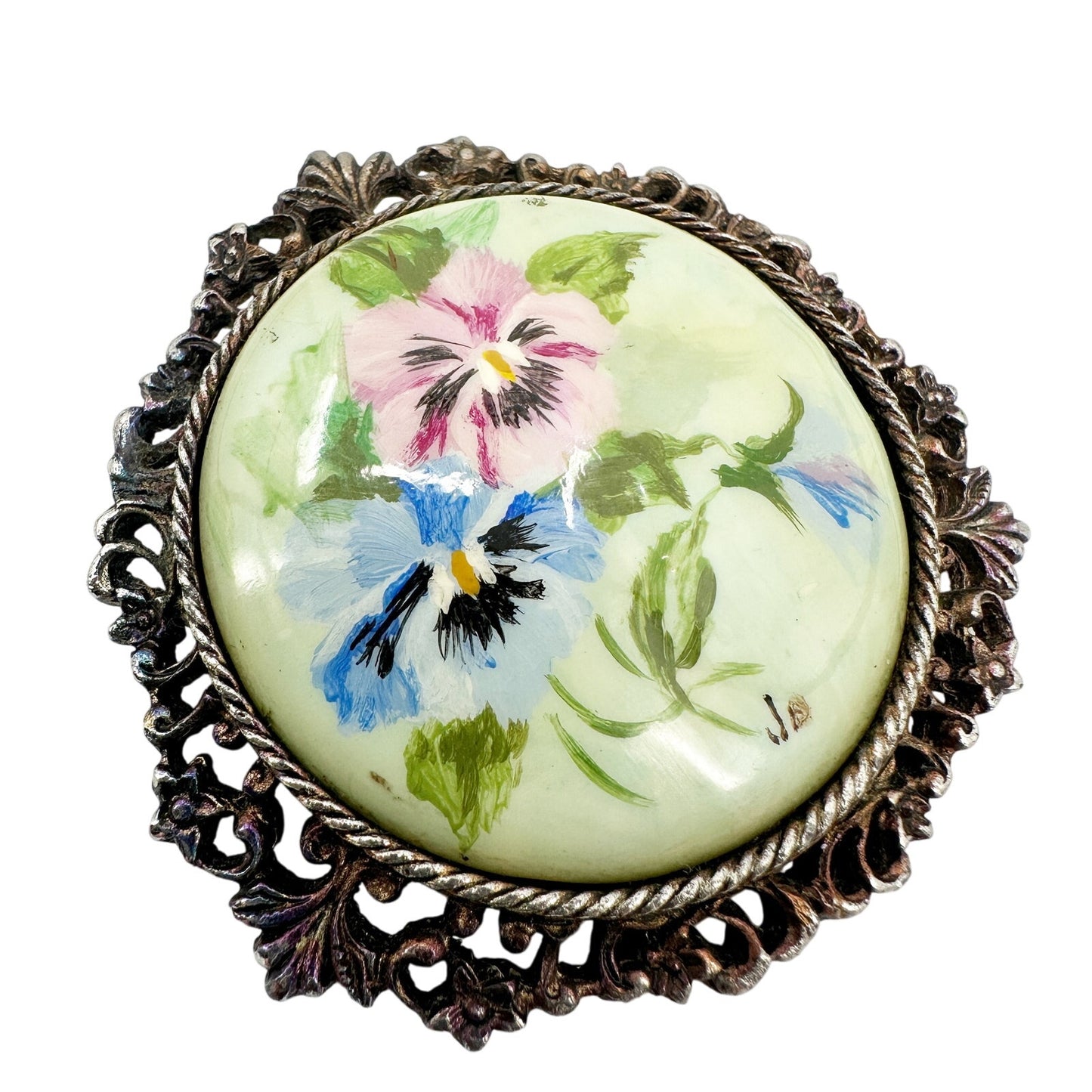 vintage pink blue pansy flowers metal cameo BROOCH pendant floral jewelry pin