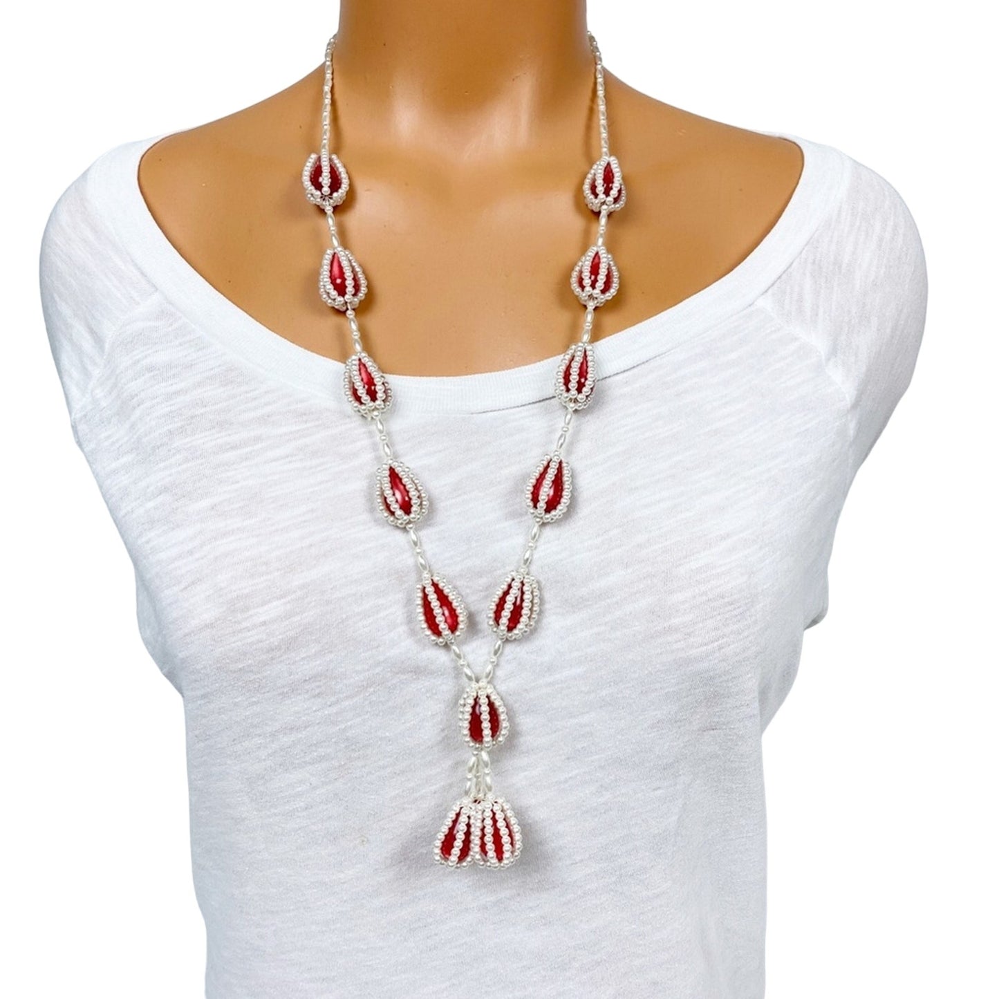 vintage faux pearl red stone 28" beaded strand tassel NECKLACE costume jewelry