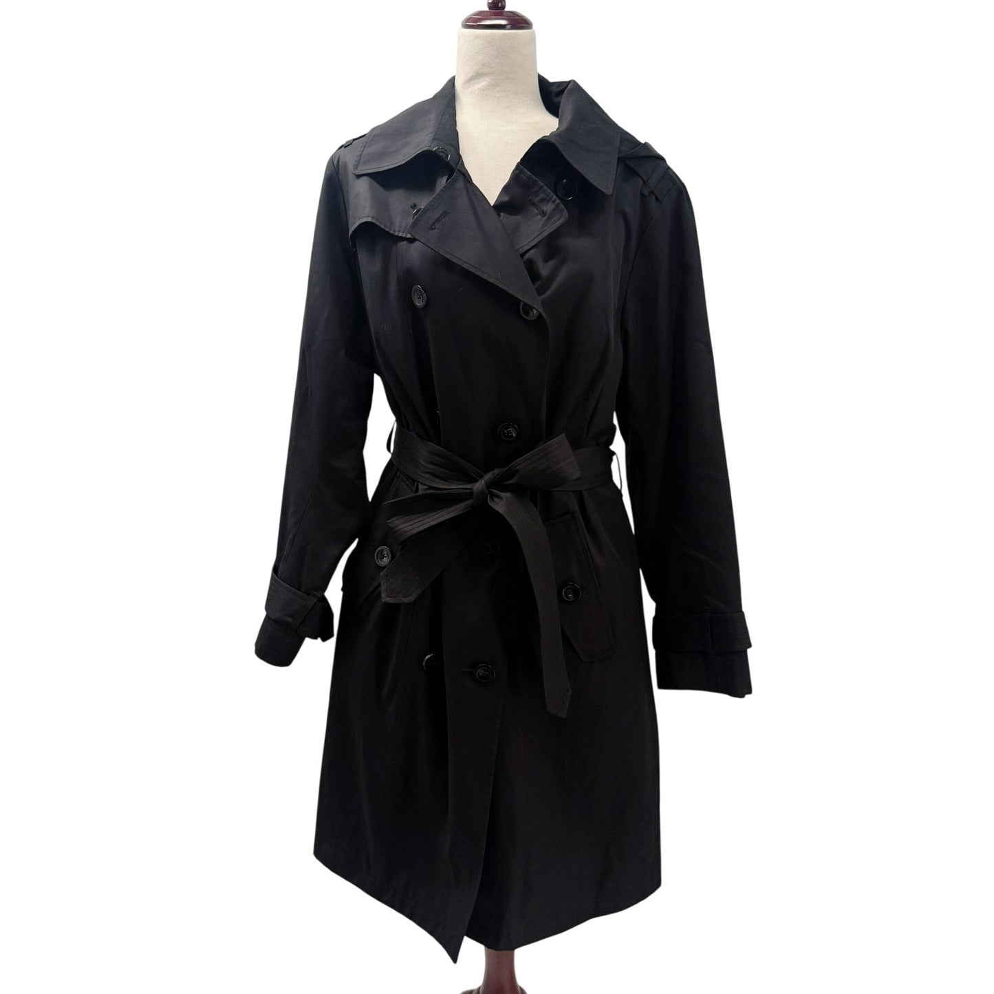 London Fog black belted Trench Coat women's 1X removable hood jacket outerwear