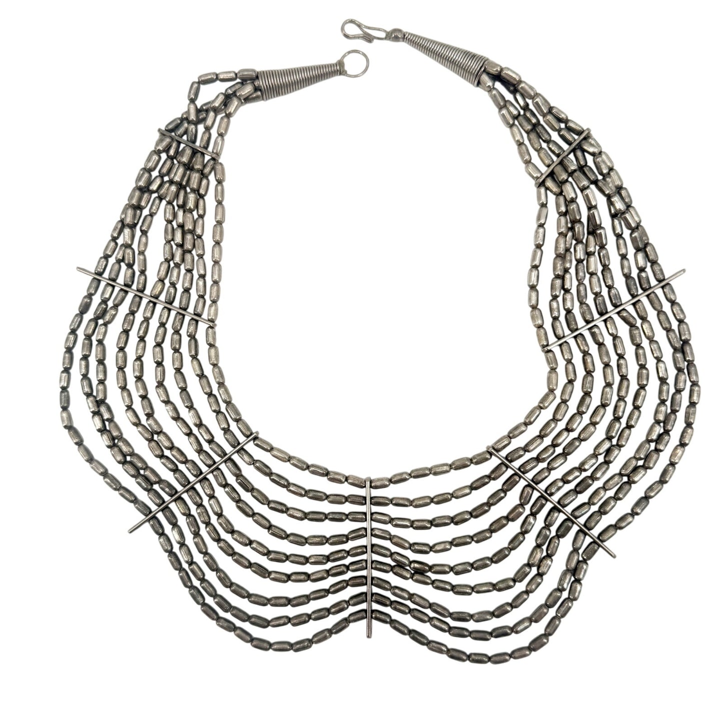 vintage scalloped silver metal Bib Necklace costume jewelry capsule beads