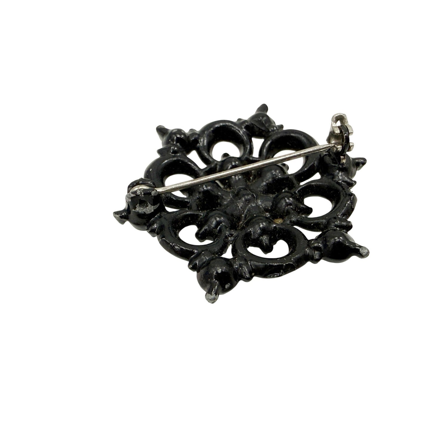 vintage black metal & clear rhinestones BROOCH jewelry pin