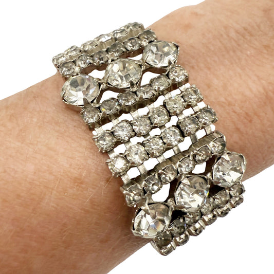 vintage 1" wide Rhinestone Bracelet clear iridescent rhinestones costume jewelry