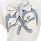off-white & blue Boyfriend Crop Tee horseshoes bows Good Luck women's XS new top