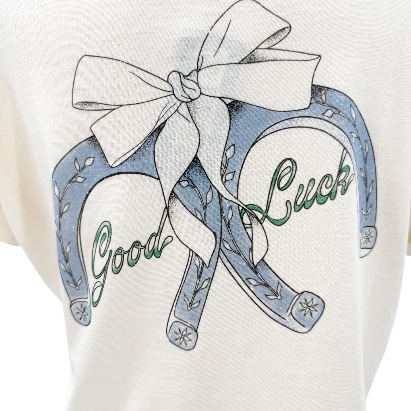 off-white & blue Boyfriend Crop Tee horseshoes bows Good Luck women's XS new top