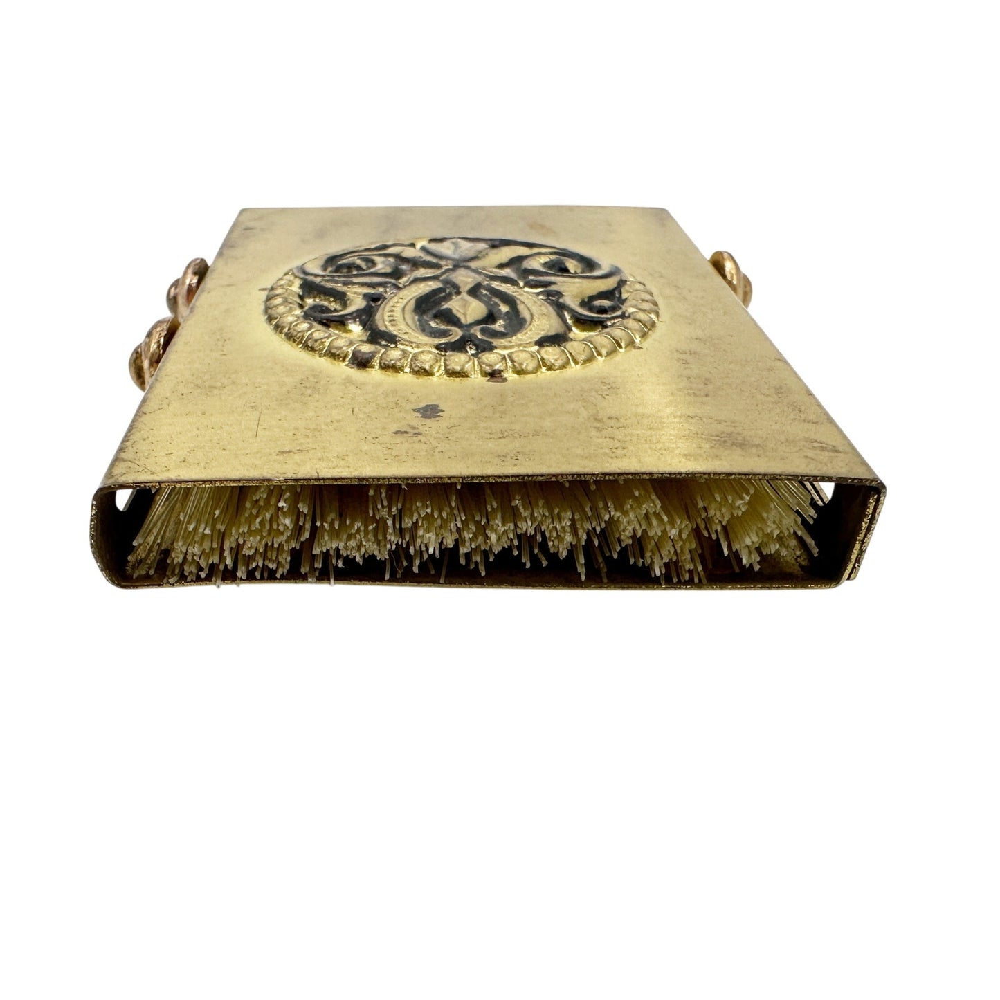 vintage small Lint Clothes Brush purse size gold case coarse & nylon bristles