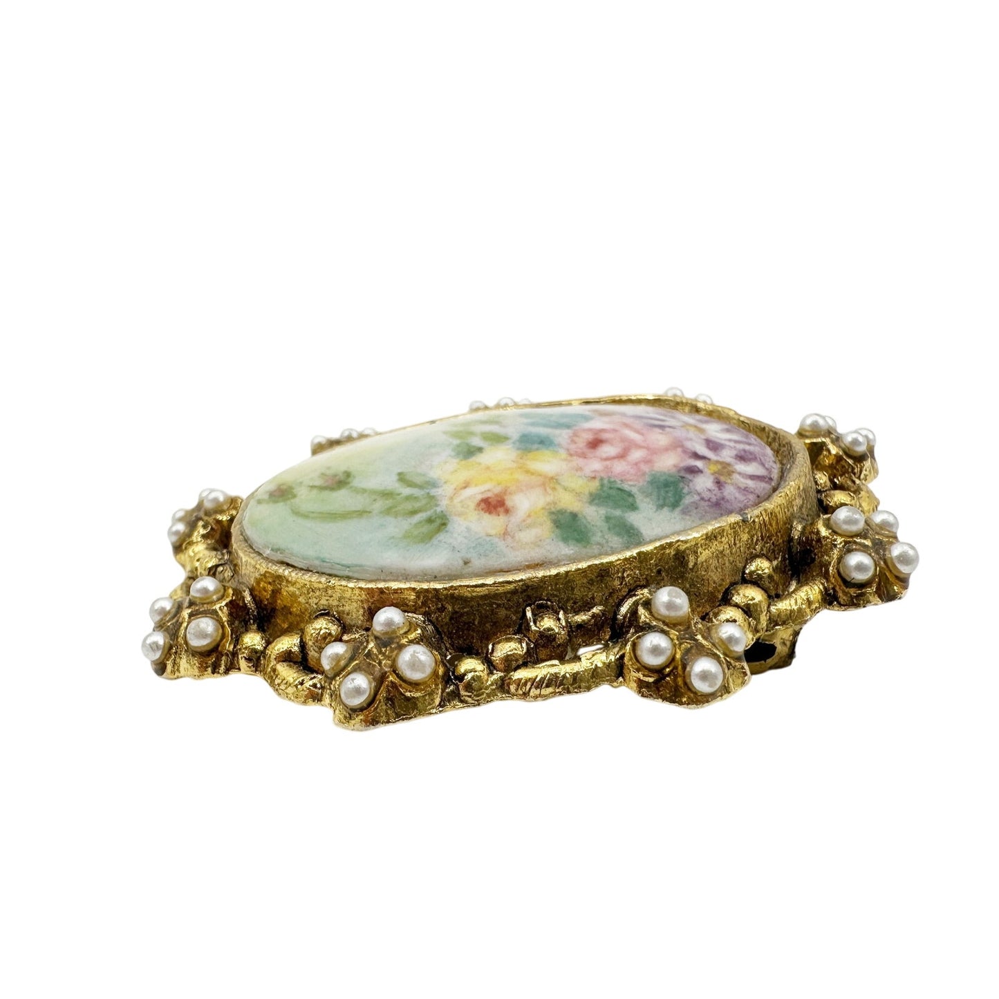 vintage gold painted flower cameo faux pearls BROOCH pendant floral jewelry pin