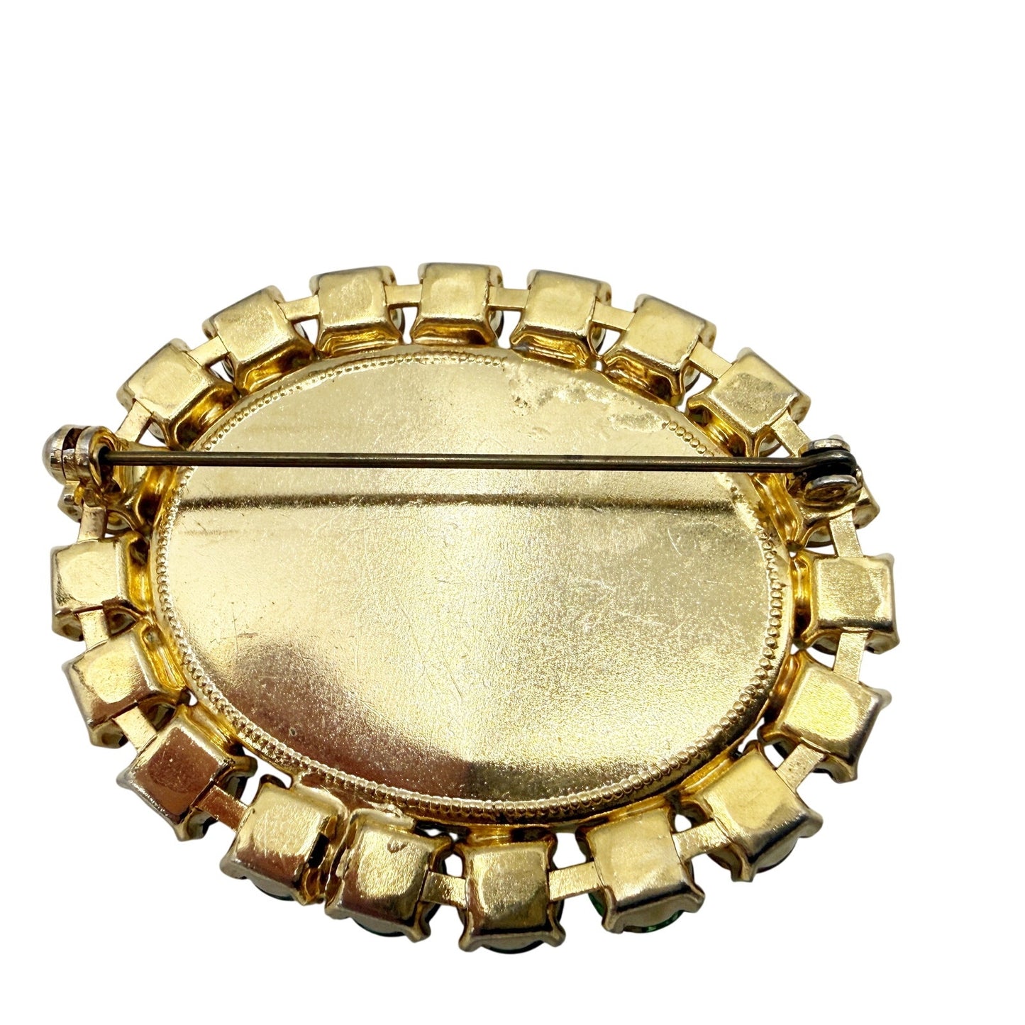 vintage green rhinestones stone & gold oval BROOCH costume jewelry pin